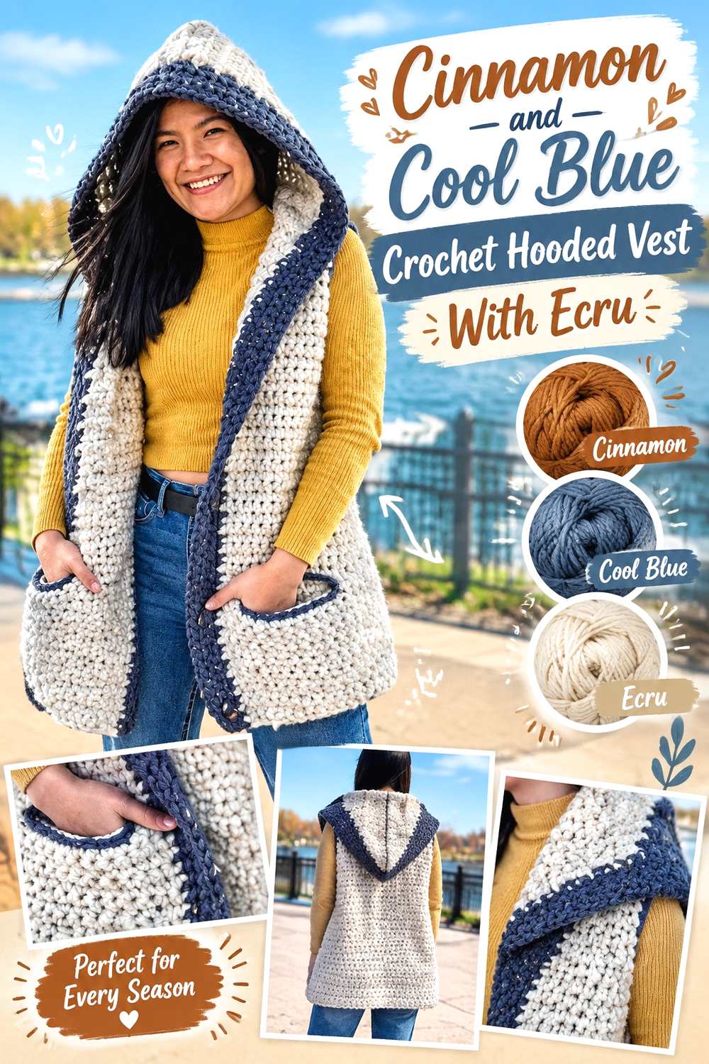 8. Cinnamon And Cool Blue Crochet Hooded Vest With Ecru