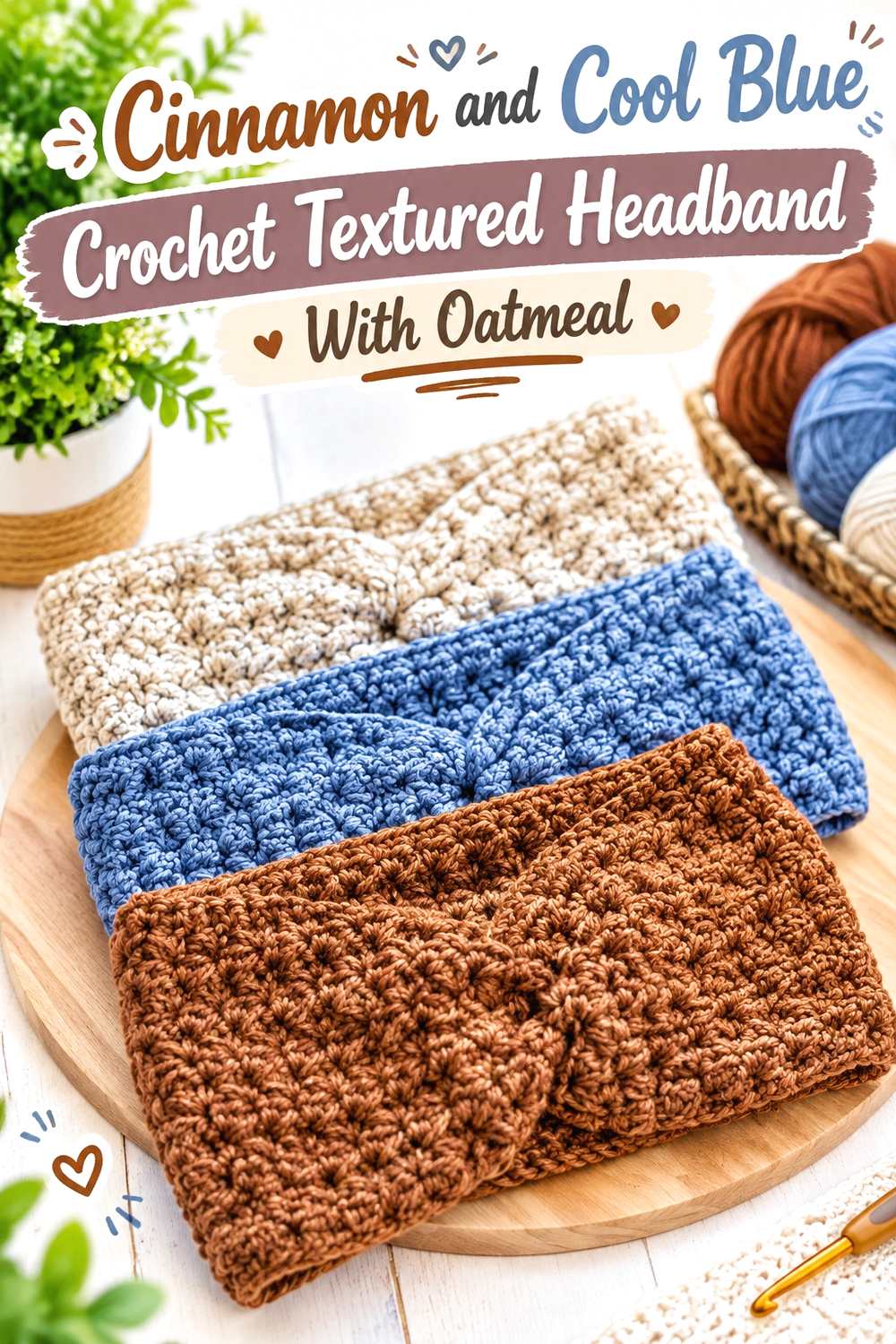 12. Cinnamon And Cool Blue Crochet Textured Headband With Oatmeal