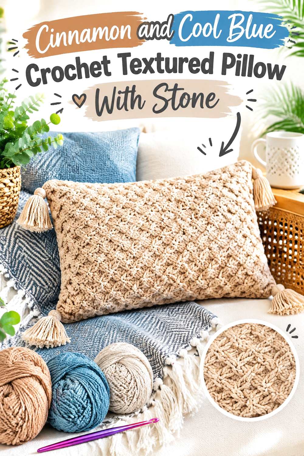 4. Cinnamon And Cool Blue Crochet Textured Pillow With Stone