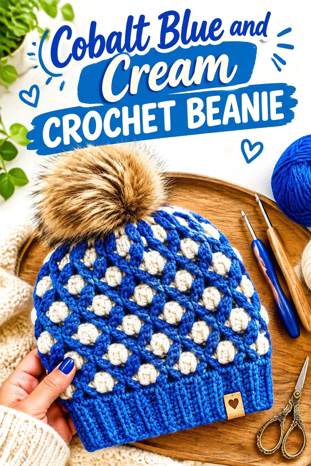 5. Cobalt Blue And Cream Crochet Beanie