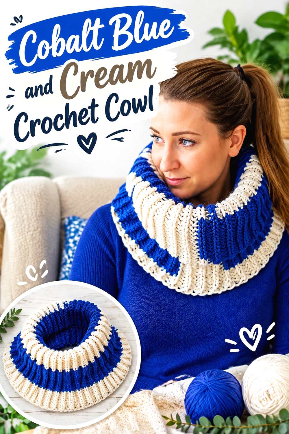 12. Cobalt Blue And Cream Crochet Cowl