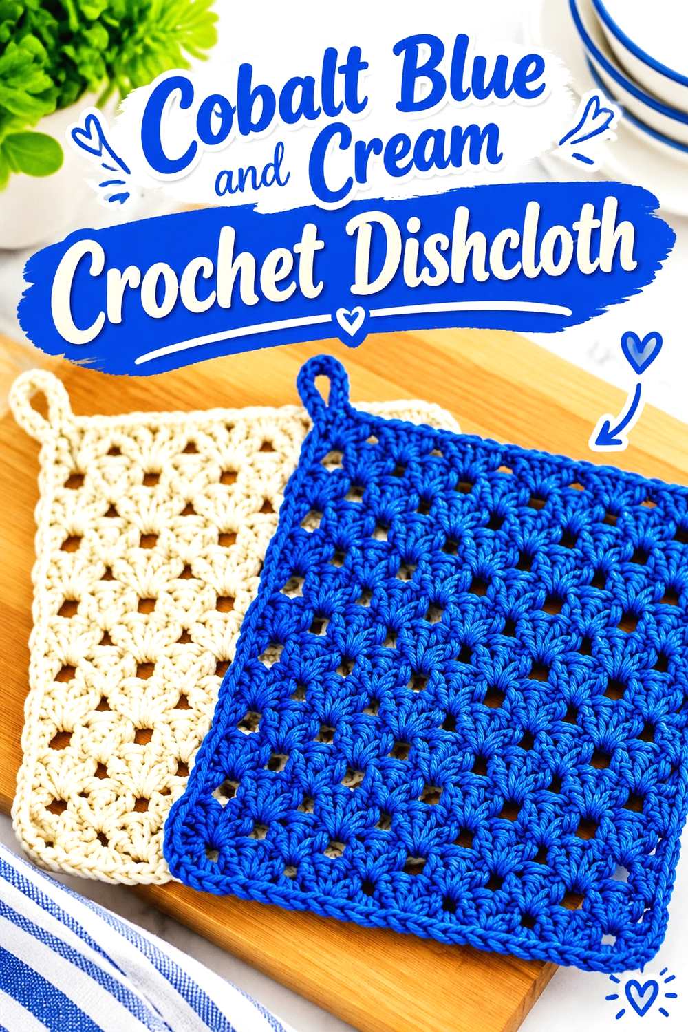 11. Cobalt Blue And Cream Crochet Dishcloth
