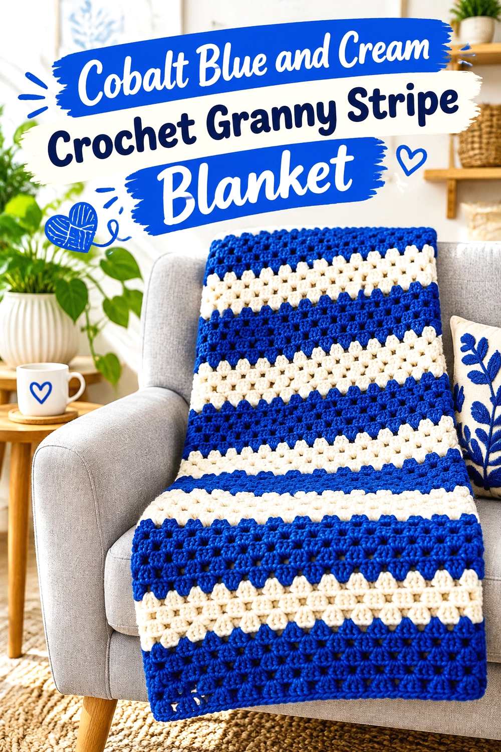 2. Cobalt Blue And Cream Crochet Granny Stripe Blanket