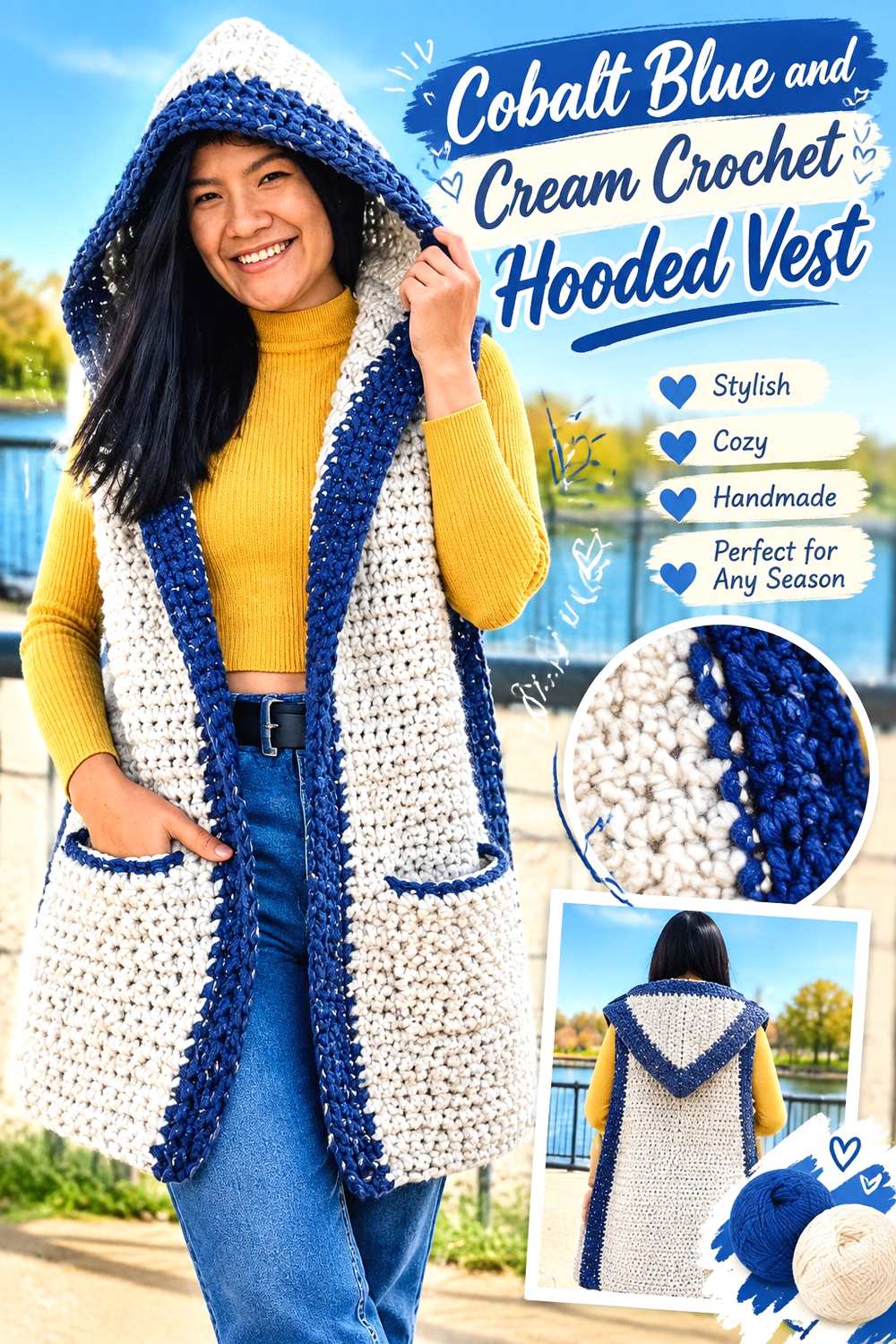 18. Cobalt Blue And Cream Crochet Hooded Vest