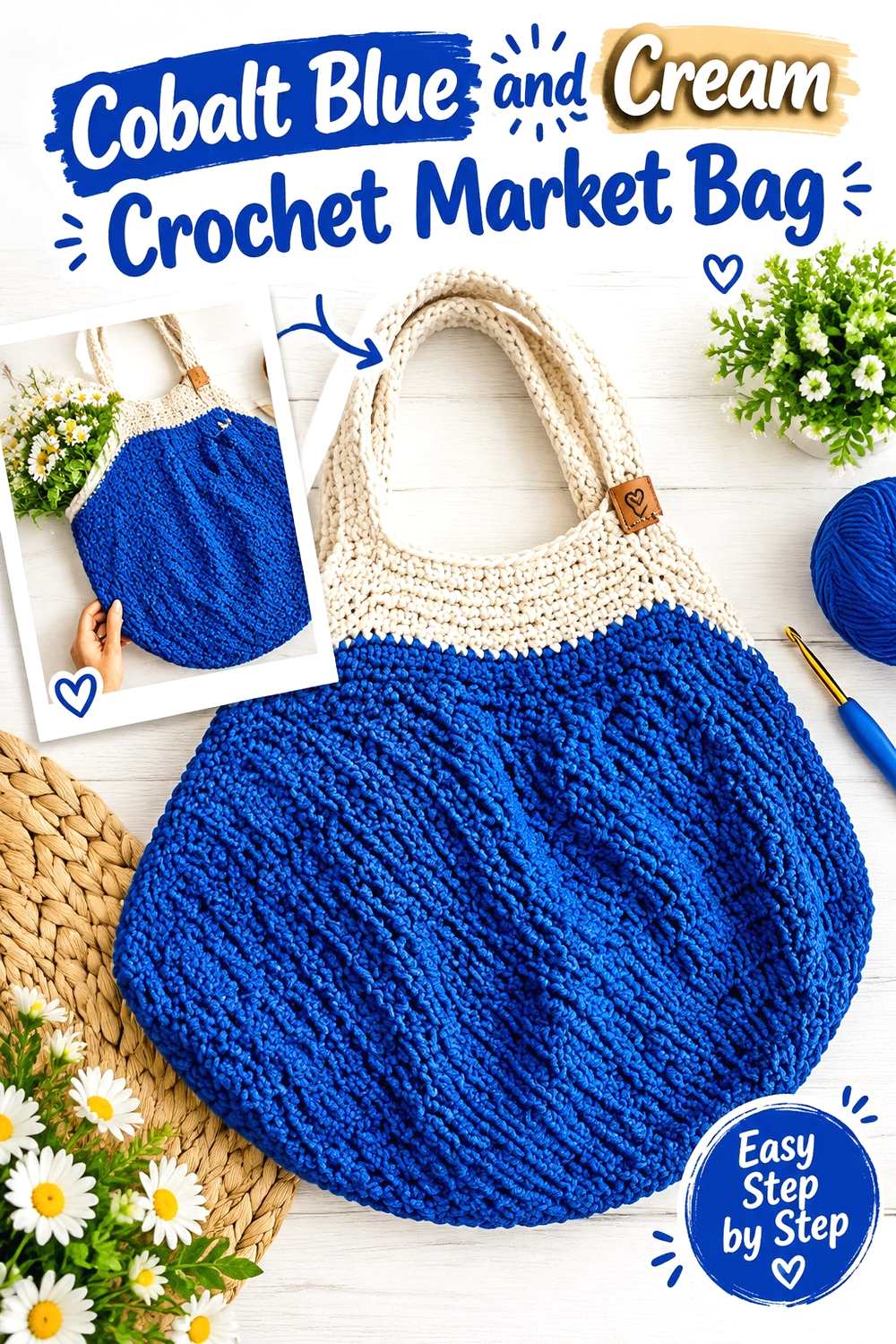 10. Cobalt Blue And Cream Crochet Market Bag