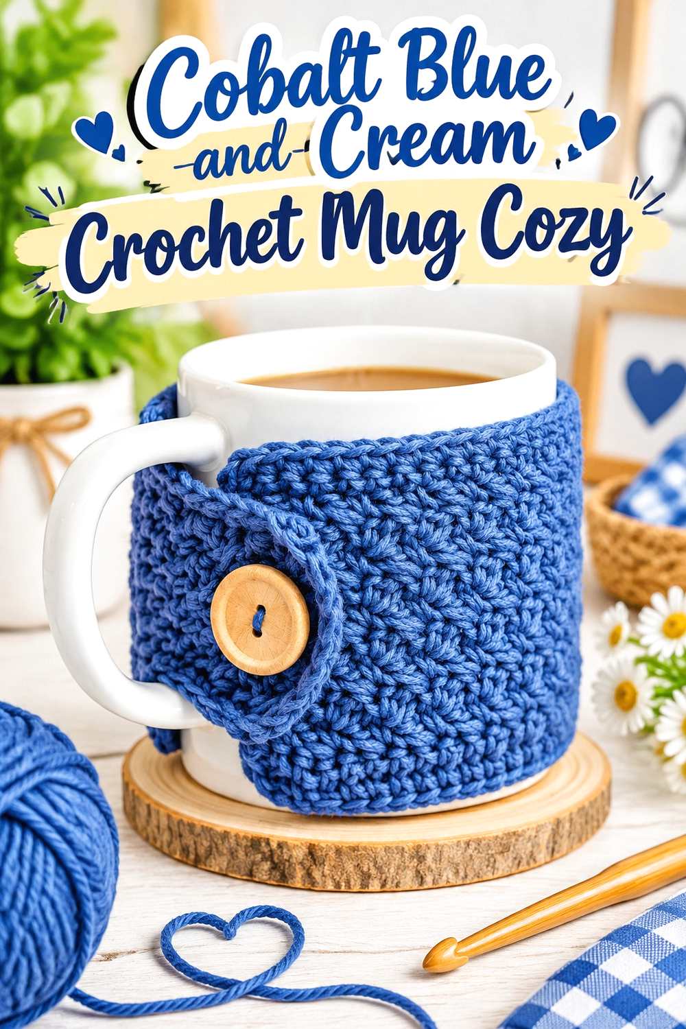 7. Cobalt Blue And Cream Crochet Mug Cozy