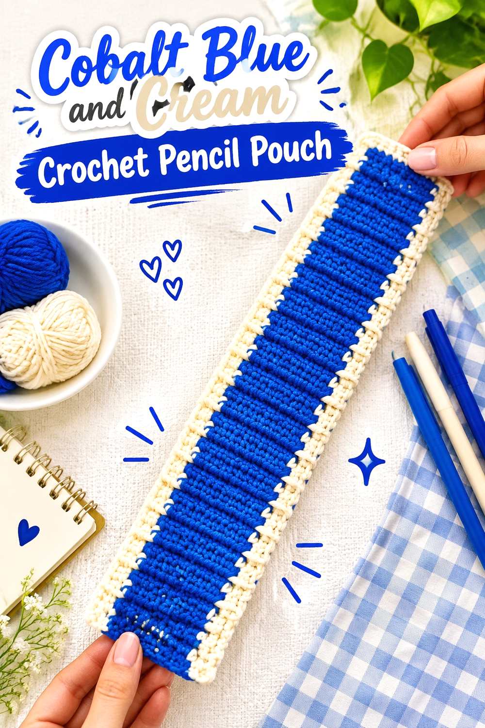 17. Cobalt Blue And Cream Crochet Pencil Pouch