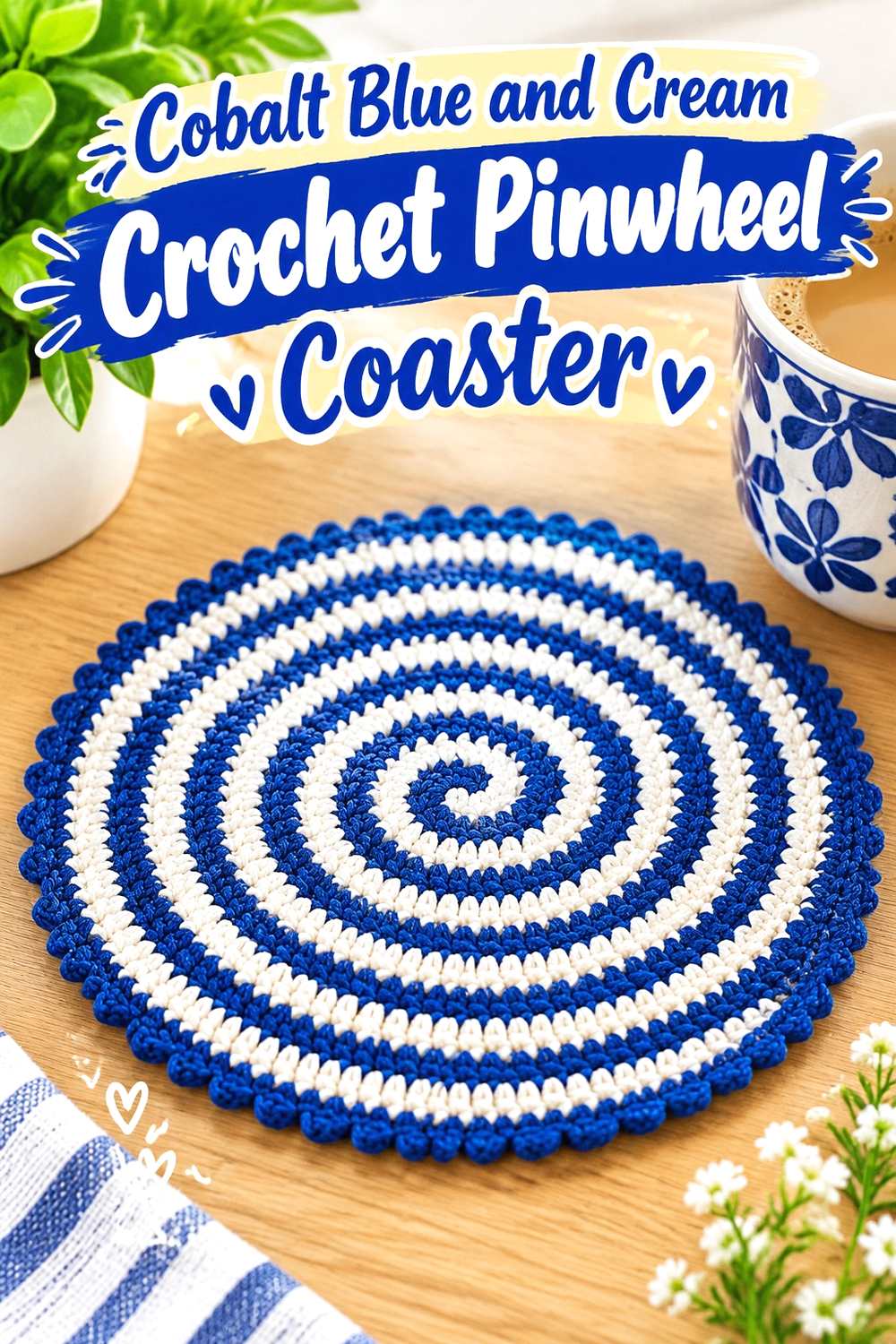 13. Cobalt Blue And Cream Crochet Pinwheel Coaster