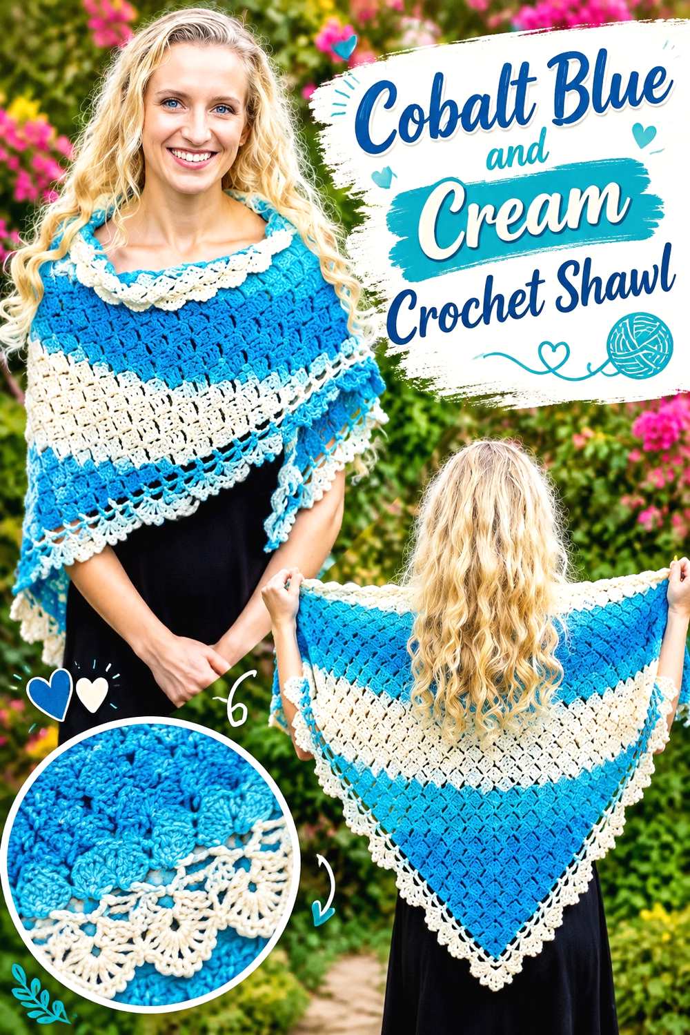 8. Cobalt Blue And Cream Crochet Shawl