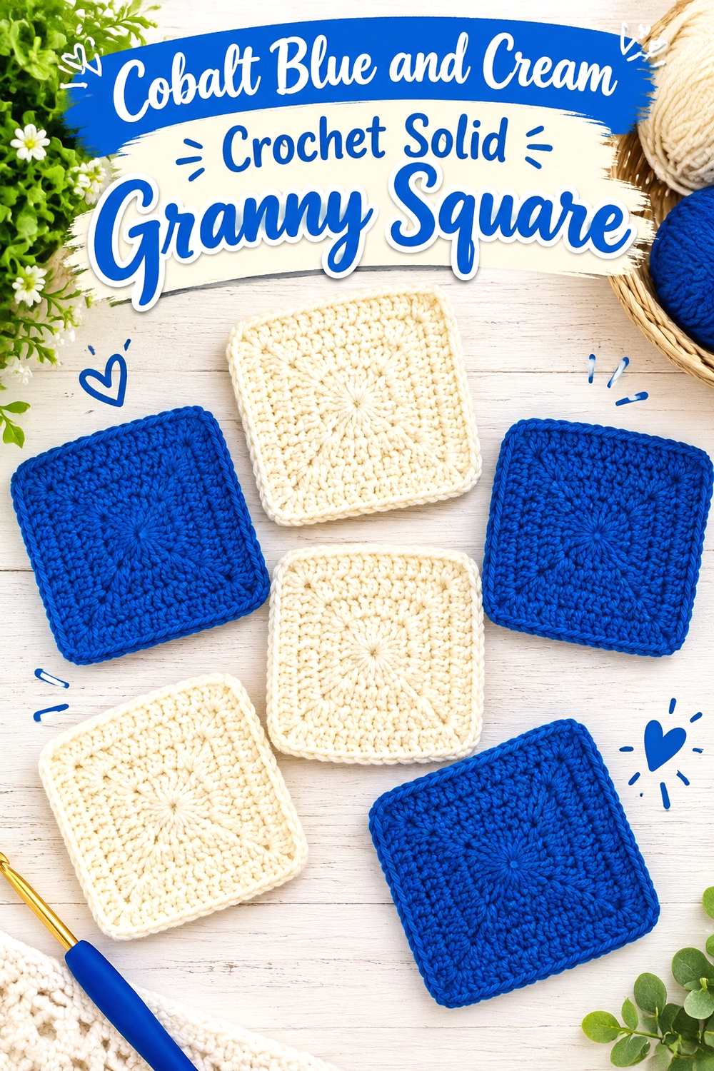 1. Cobalt Blue And Cream Crochet Solid Granny Square