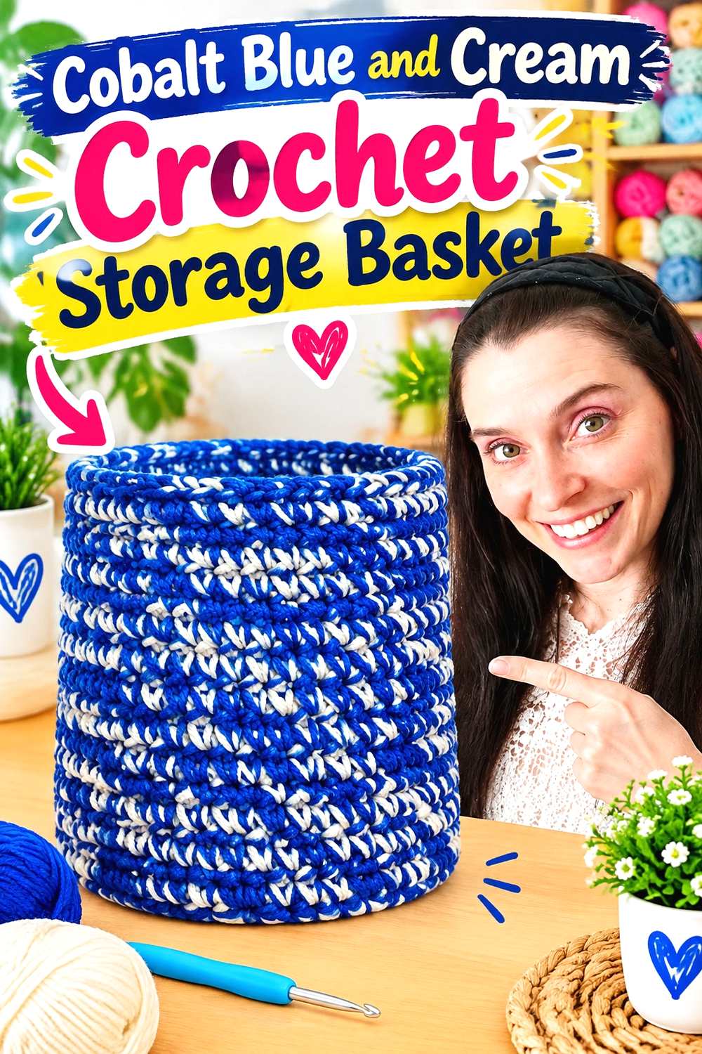 4. Cobalt Blue And Cream Crochet Storage Basket