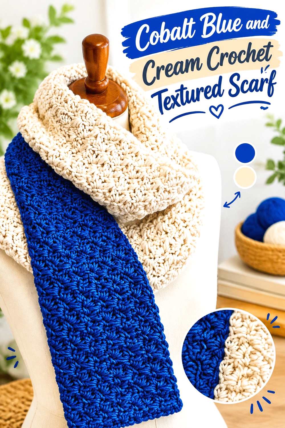 6. Cobalt Blue And Cream Crochet Textured Scarf