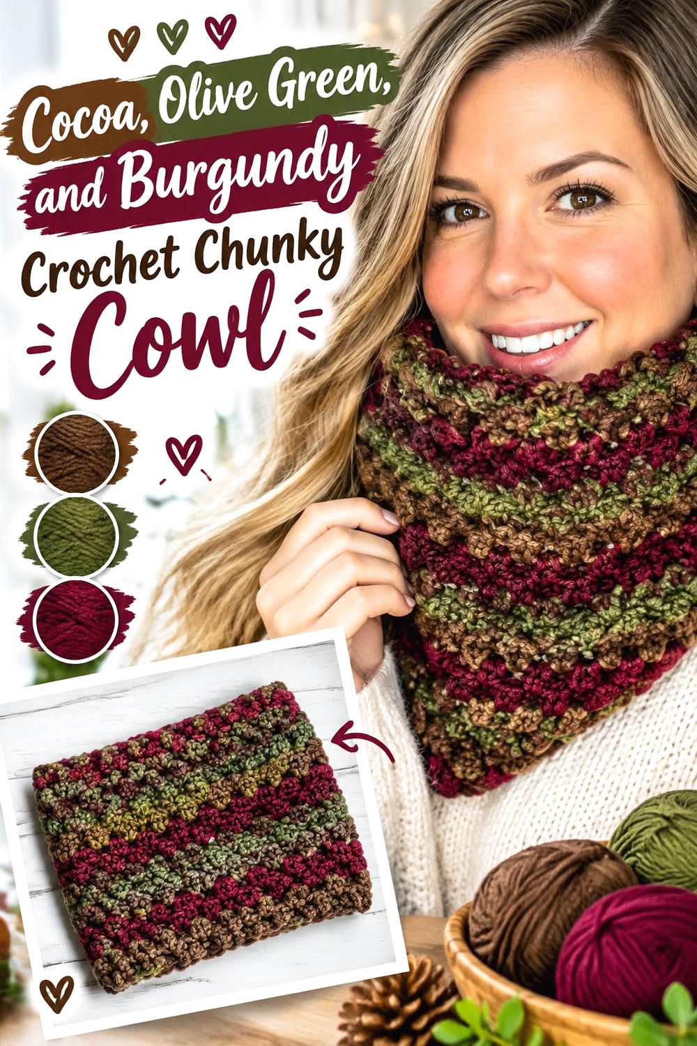 15. Cocoa Olive Green And Burgundy Crochet Chunky Cowl