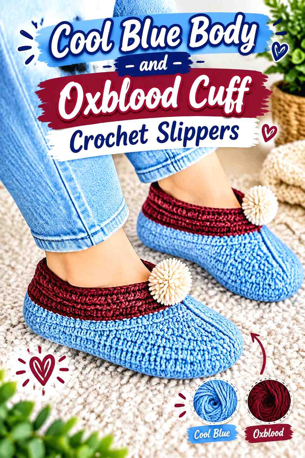 6. Cool Blue Body And Oxblood Cuff Crochet Slippers