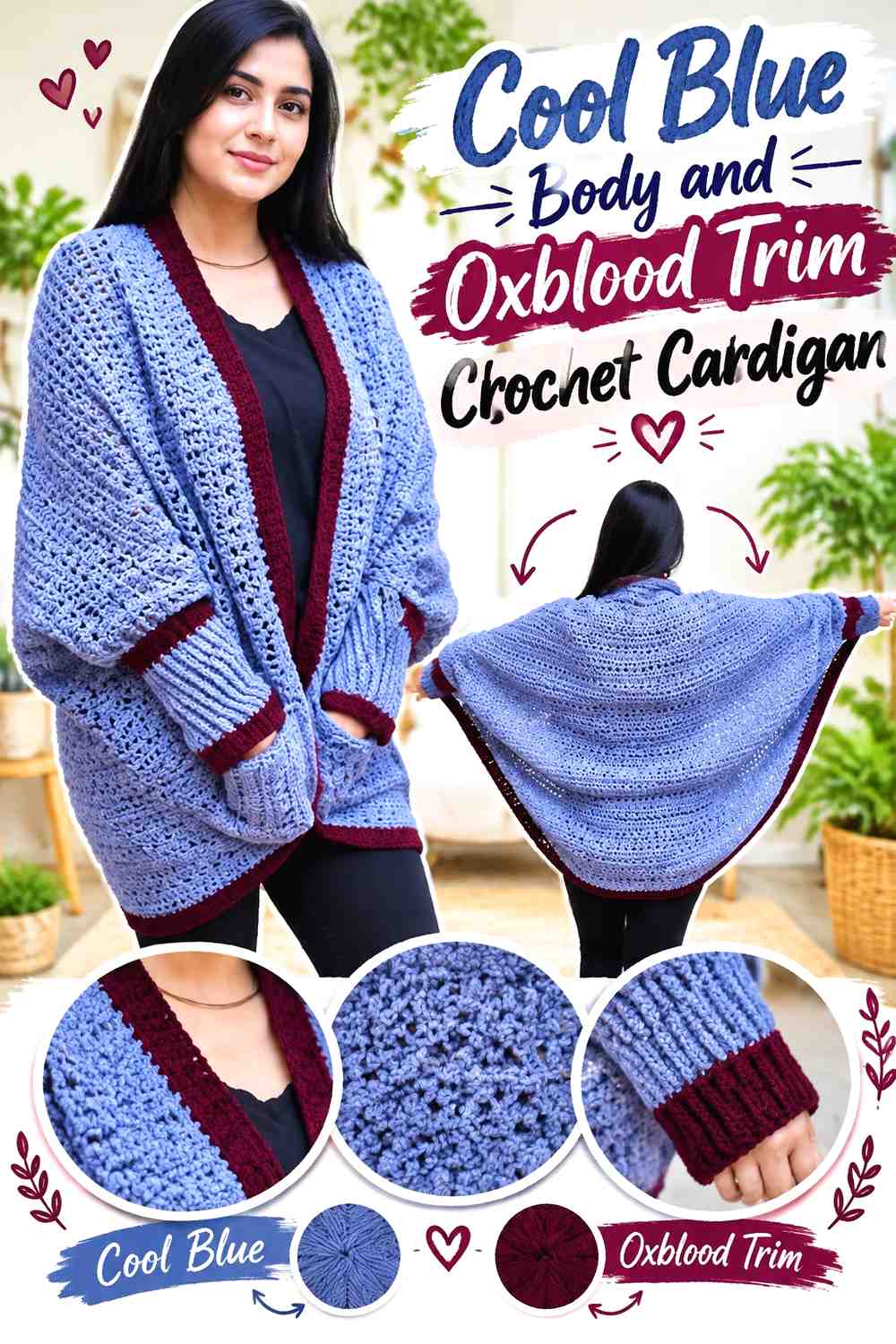 1. Cool Blue Body And Oxblood Trim Crochet Cardigan