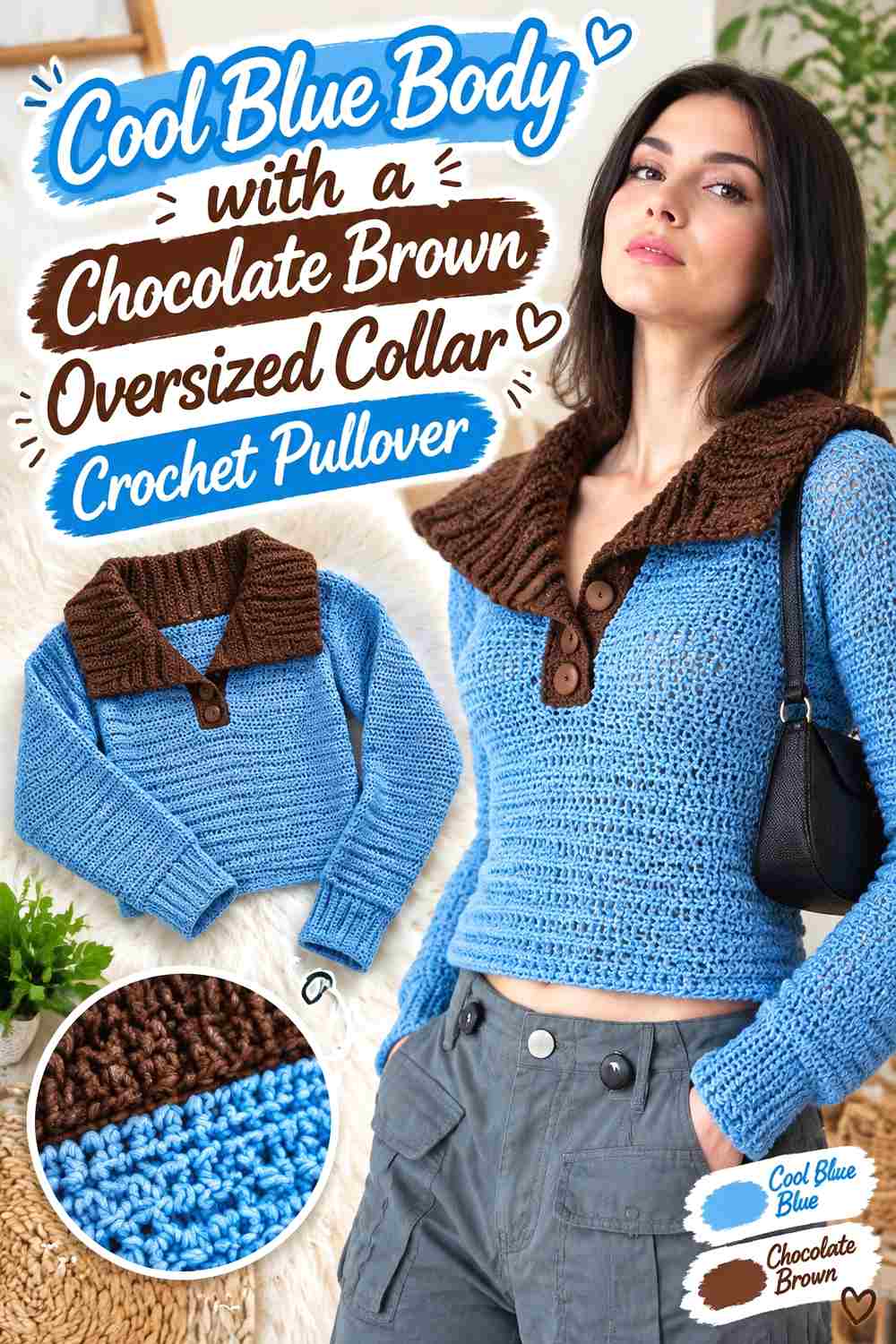 1. Cool Blue Body With A Chocolate Brown Oversized Collar Crochet Pullover