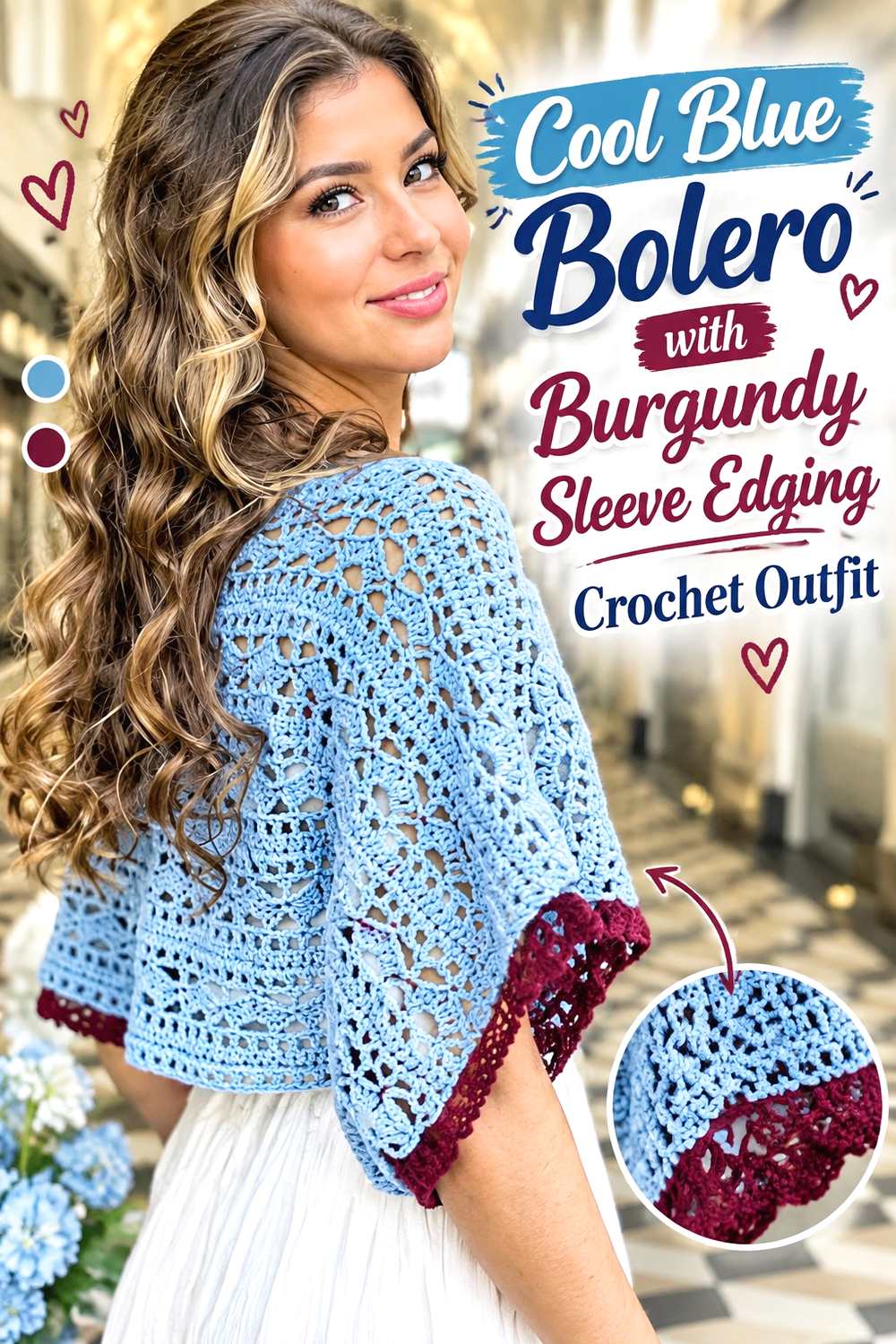8. Cool Blue Bolero With Burgundy Sleeve Edging Crochet Outfit