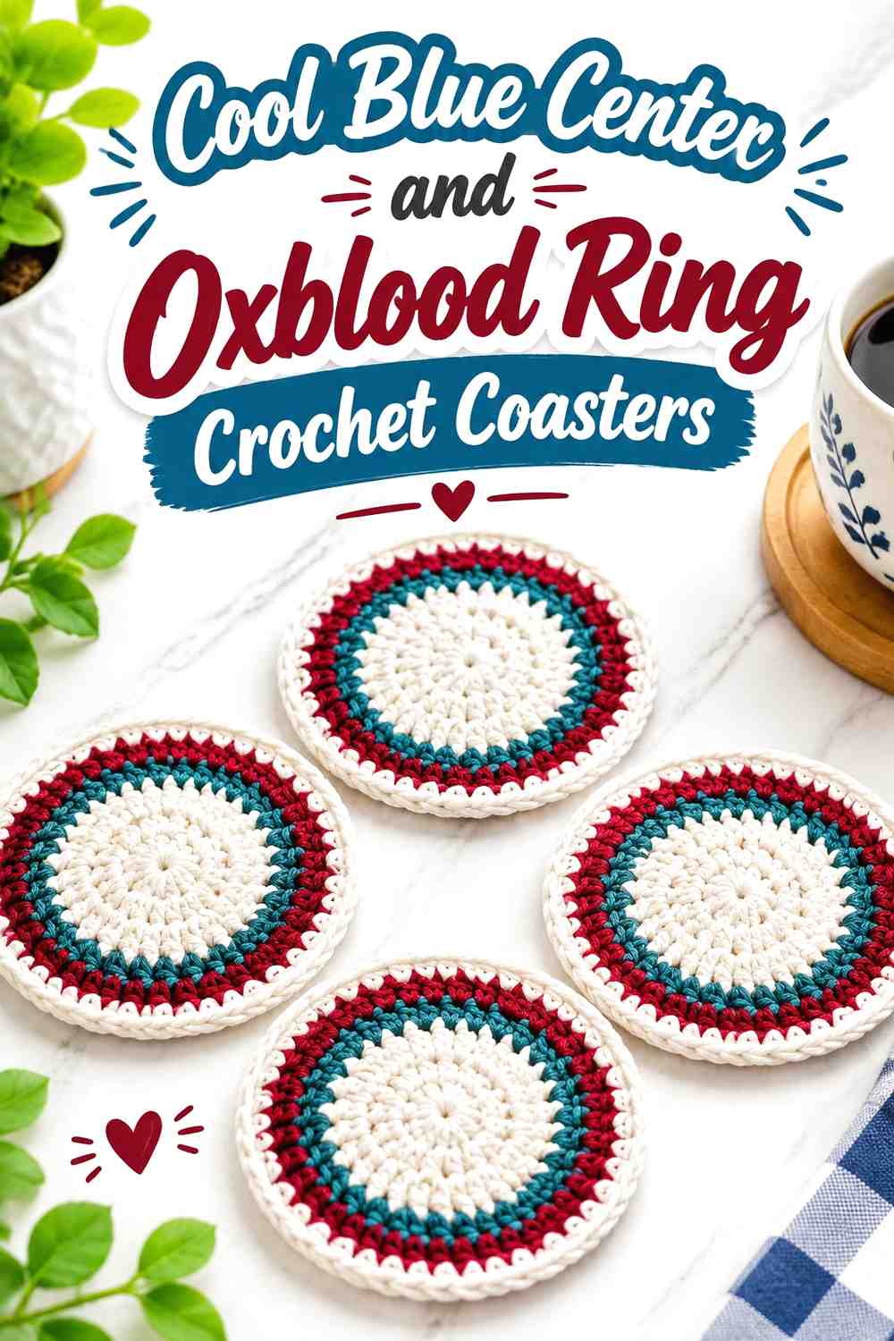 15. Cool Blue Center And Oxblood Ring Crochet Coasters