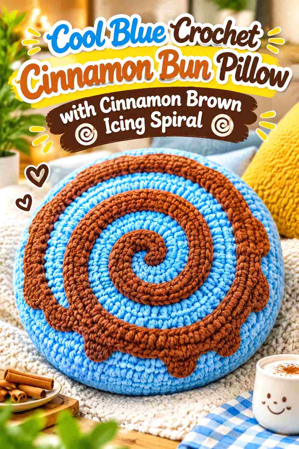 4. Cool Blue Crochet Cinnamon Bun Pillow With Cinnamon Brown Icing Spiral