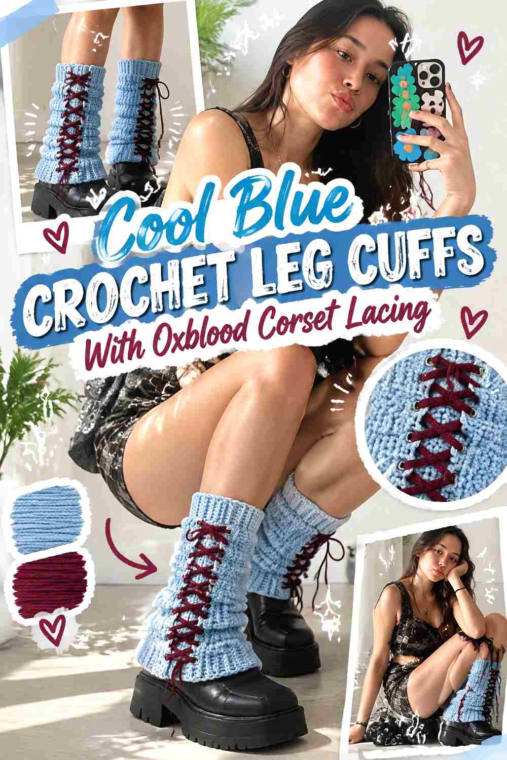 2. Cool Blue Crochet Leg Cuffs With Oxblood Corset Lacing