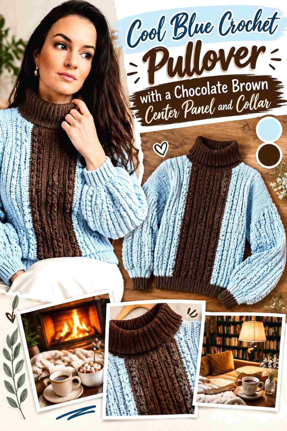 9. Cool Blue Crochet Pullover With A Chocolate Brown Center Panel And Collar