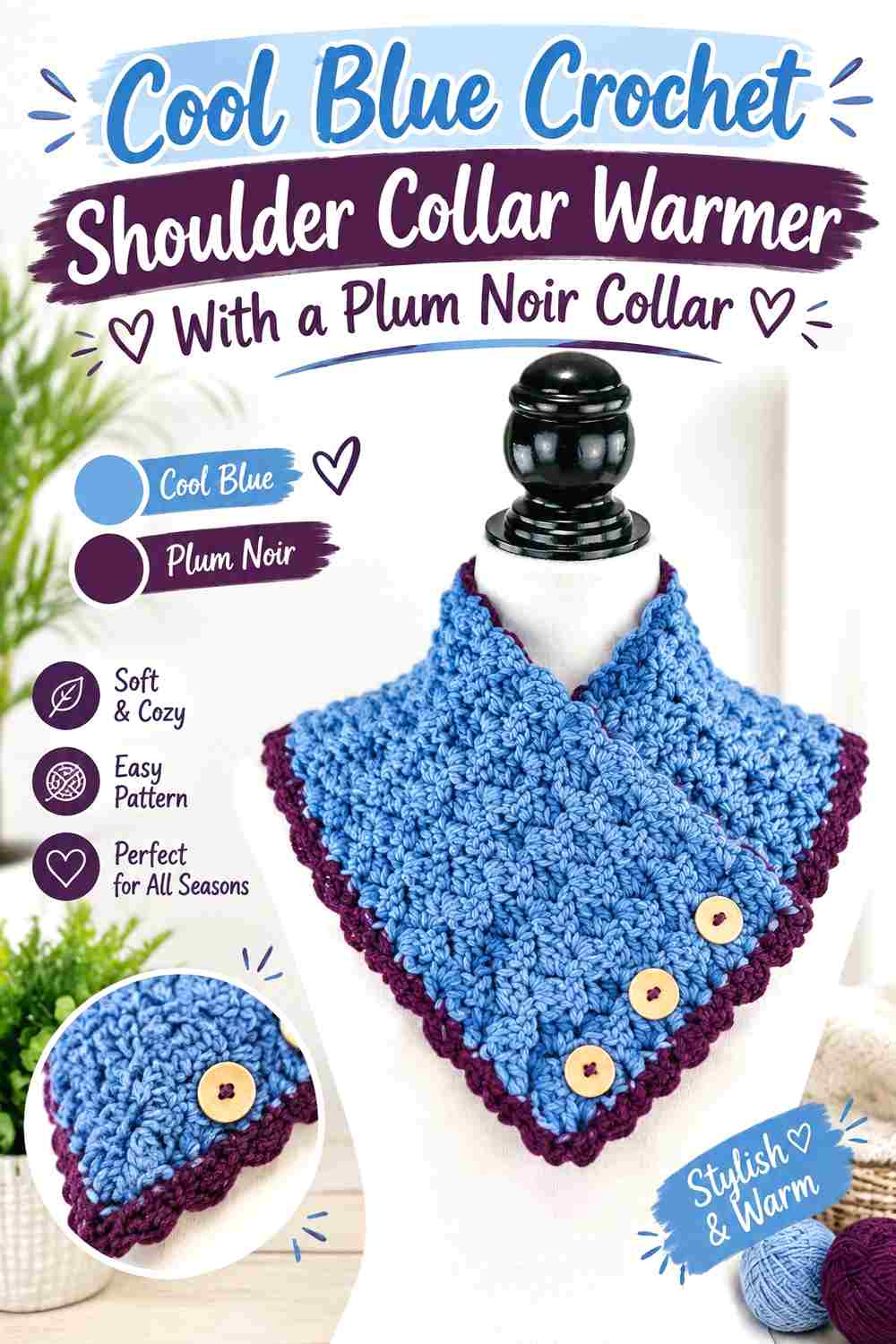 1. Cool Blue Crochet Shoulder Collar Warmer With A Plum Noir Collar