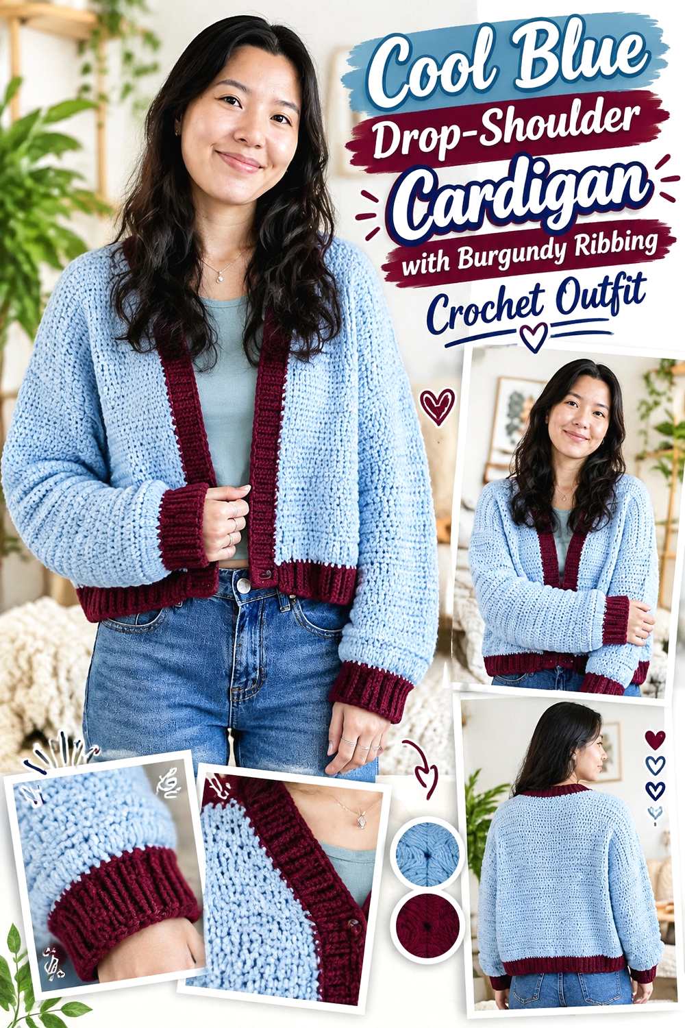 10. Cool Blue Drop Shoulder Cardigan With Burgundy Ribbing Crochet Outfit