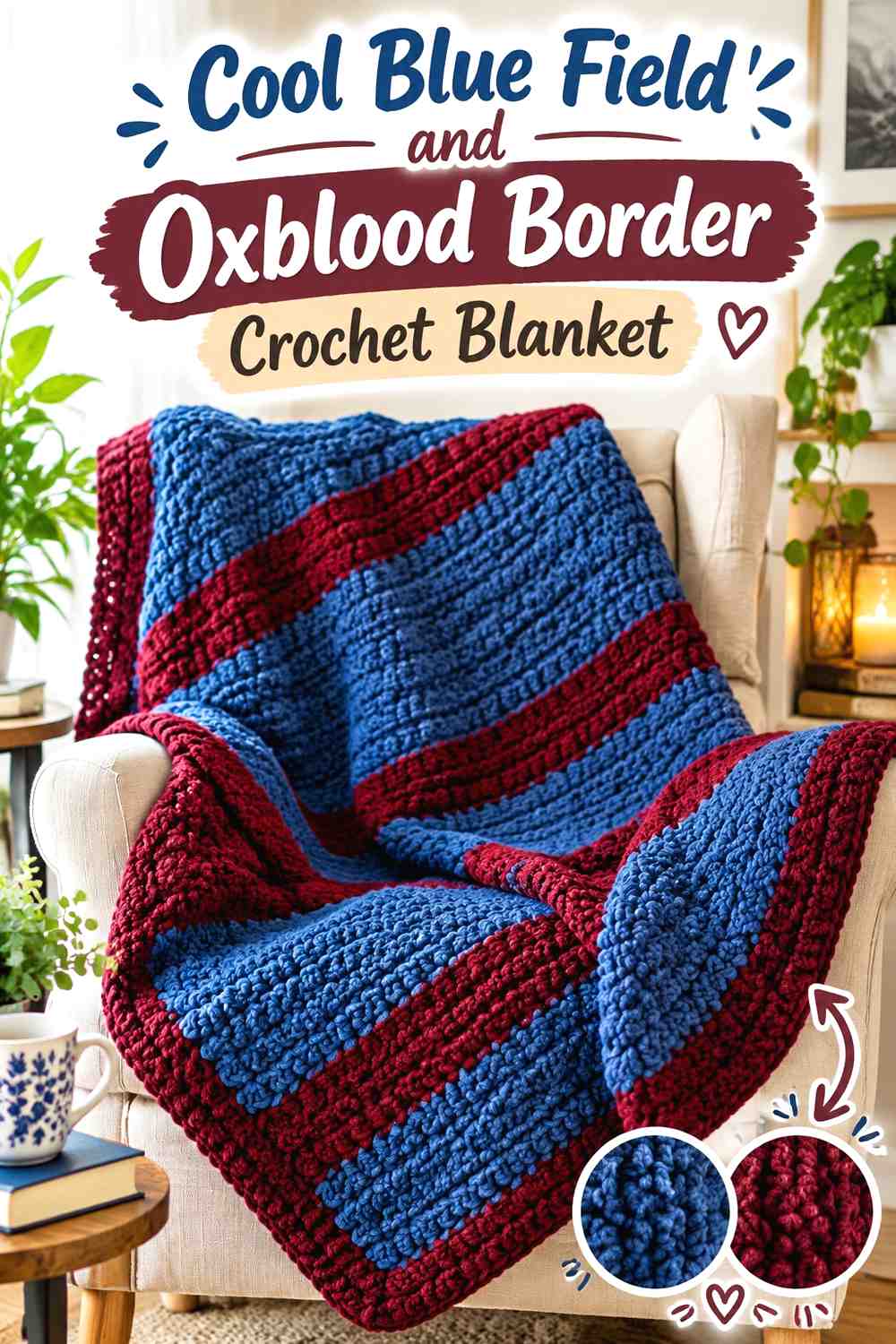 2. Cool Blue Field And Oxblood Border Crochet Blanket