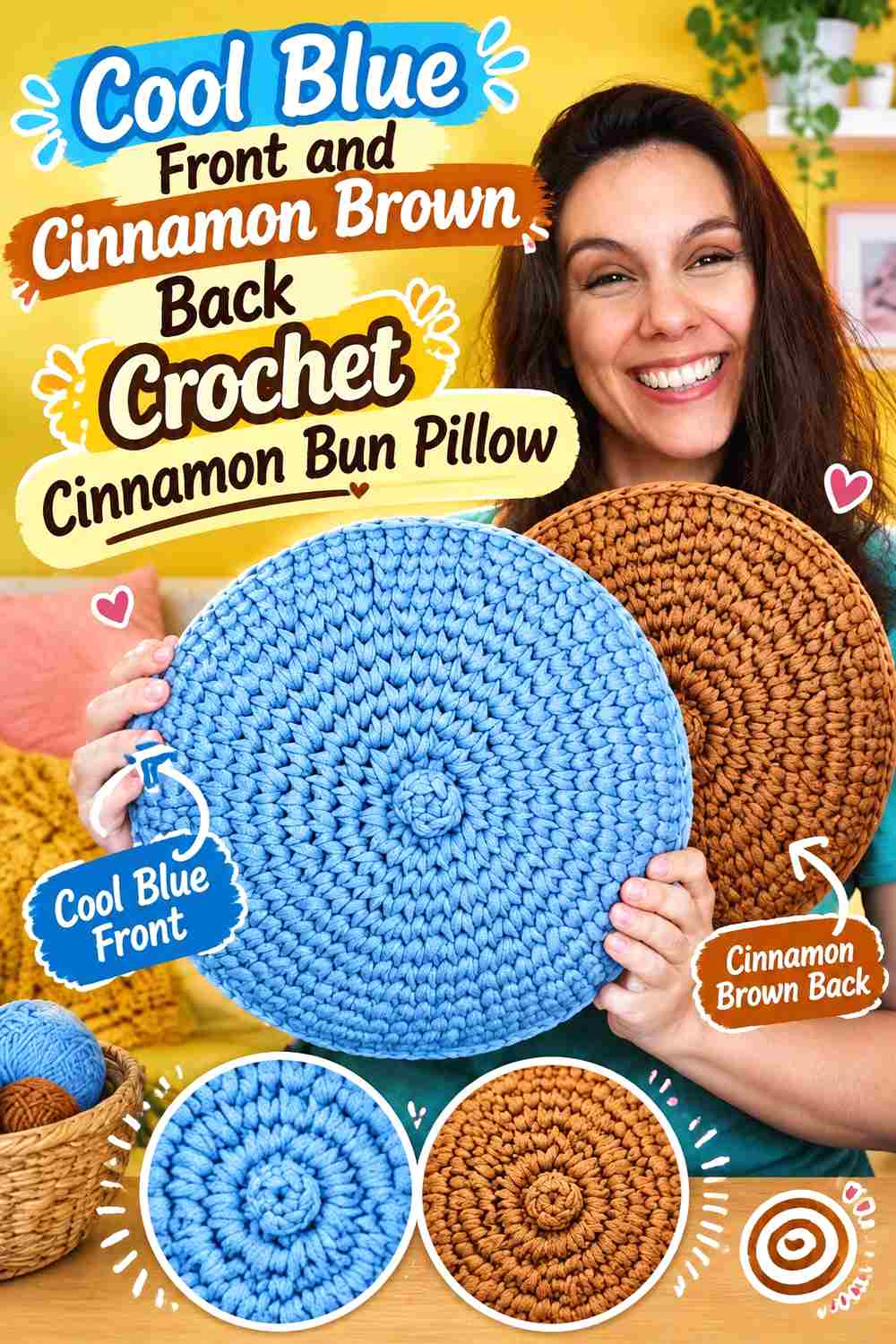 9. Cool Blue Front And Cinnamon Brown Back Crochet Cinnamon Bun Pillow