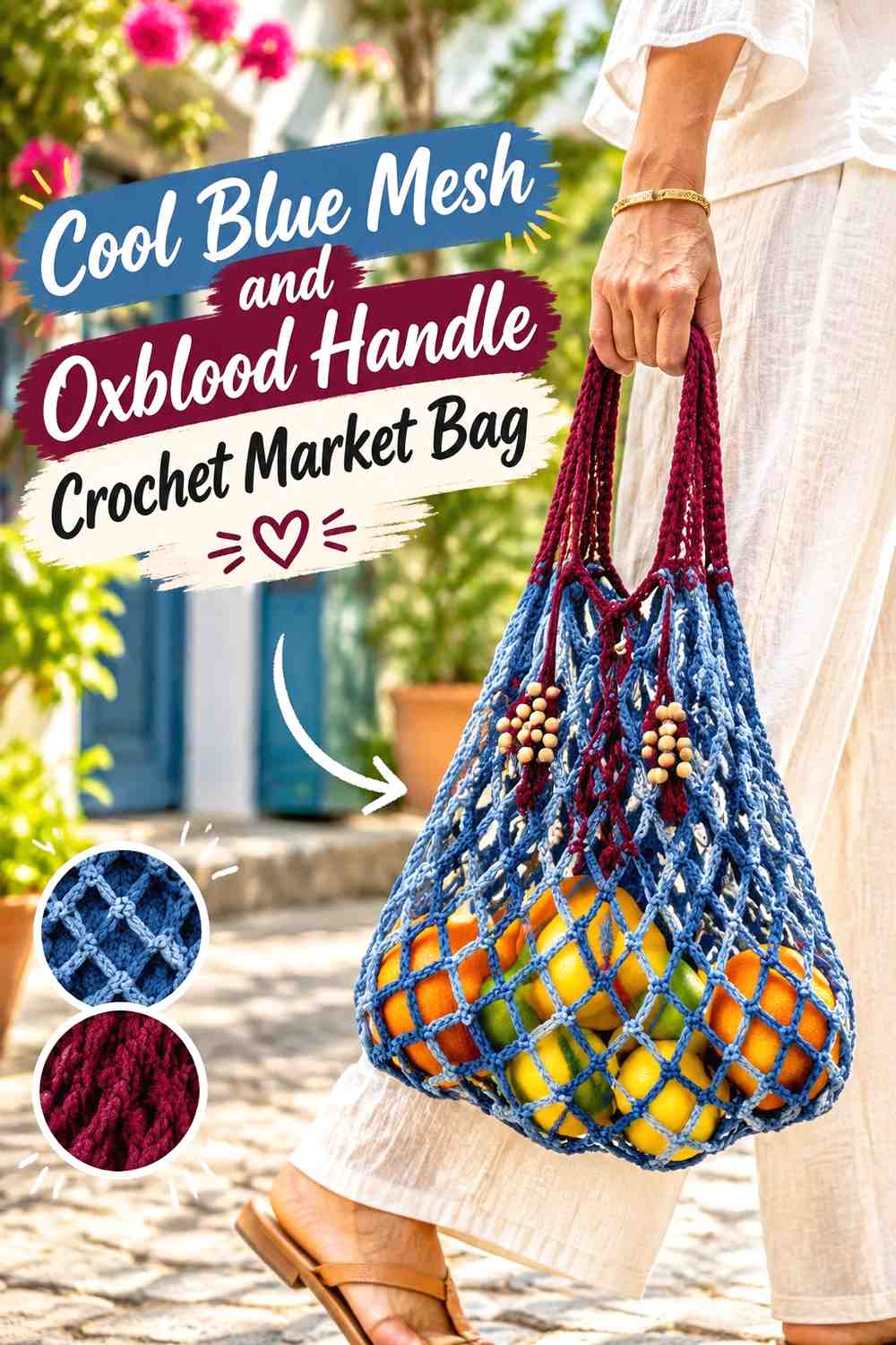 3. Cool Blue Mesh And Oxblood Handle Crochet Market Bag