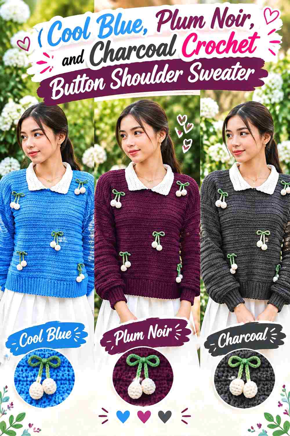 7. Cool Blue Plum Noir And Charcoal Crochet Button Shoulder Sweater