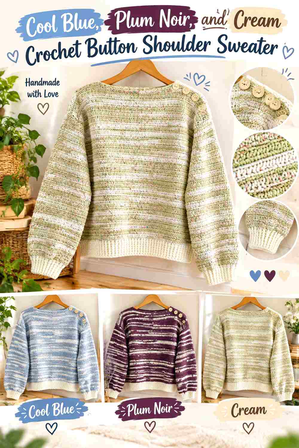 5. Cool Blue Plum Noir And Cream Crochet Button Shoulder Sweater