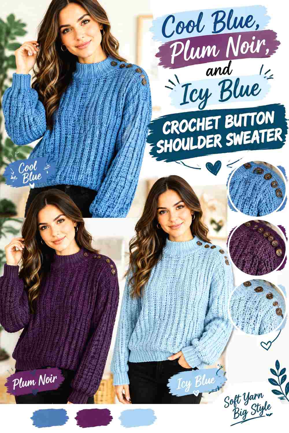 8. Cool Blue Plum Noir And Icy Blue Crochet Button Shoulder Sweater