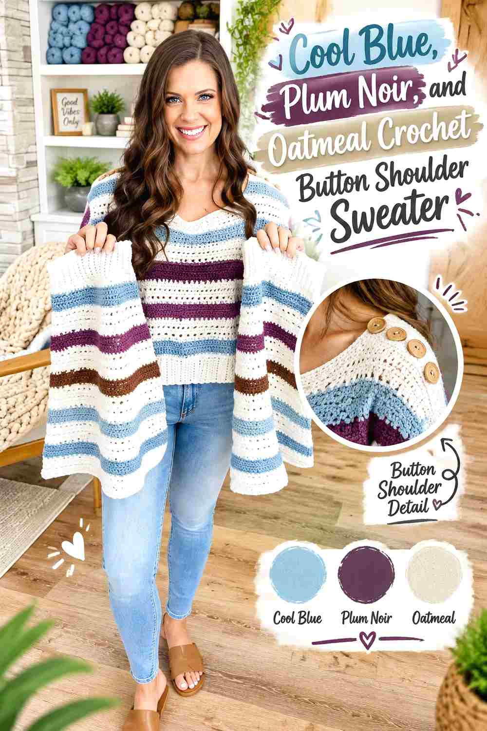 9. Cool Blue Plum Noir And Oatmeal Crochet Button Shoulder Sweater