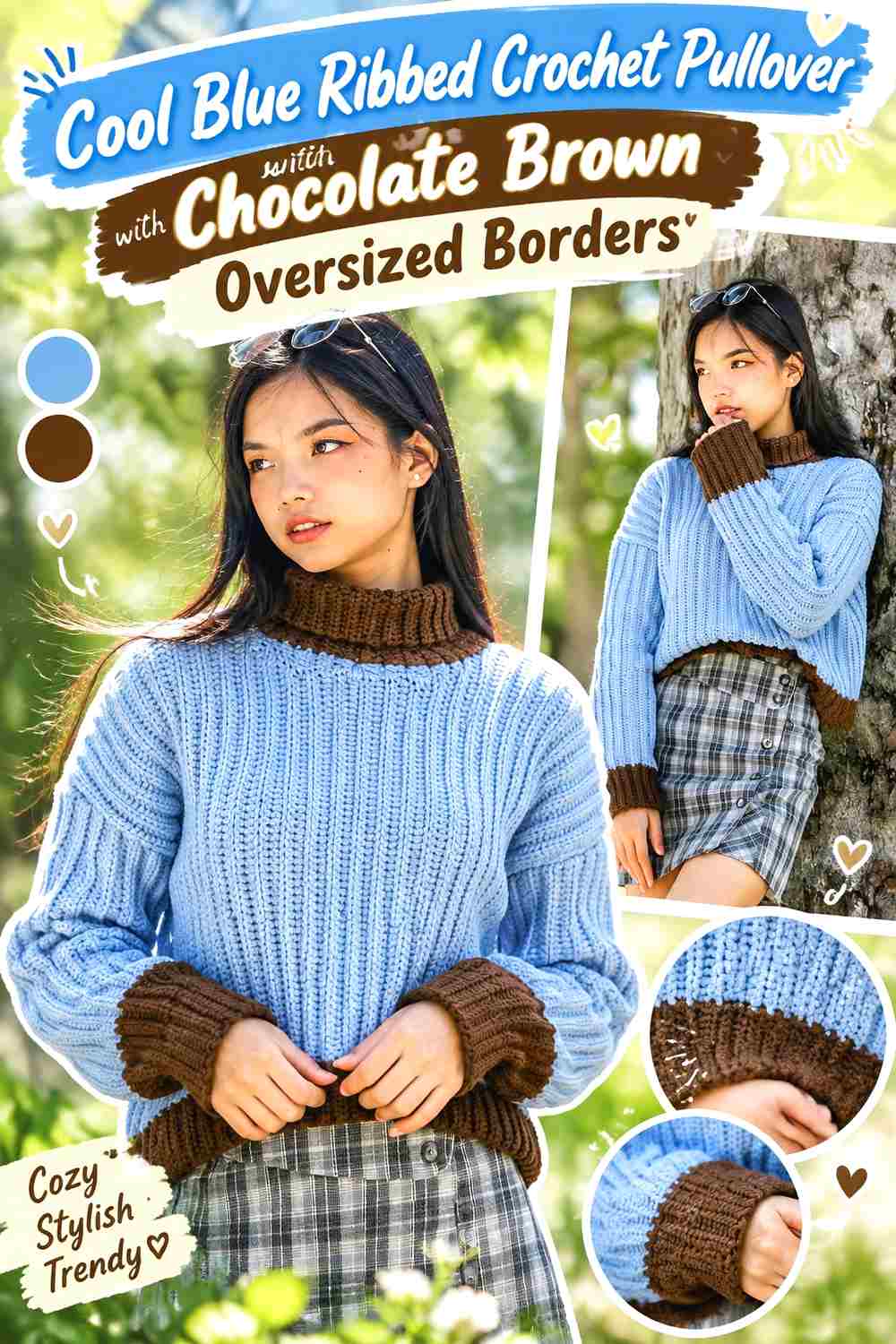 13. Cool Blue Ribbed Crochet Pullover With Chocolate Brown Oversized Borders