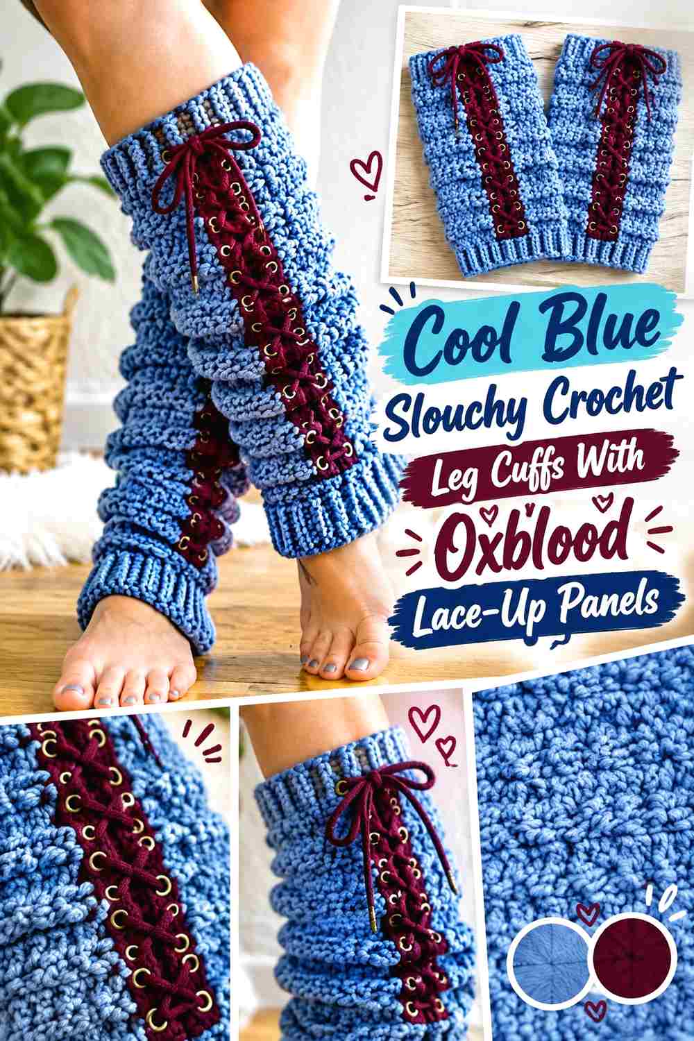 5. Cool Blue Slouchy Crochet Leg Cuffs With Oxblood Lace Up Panels