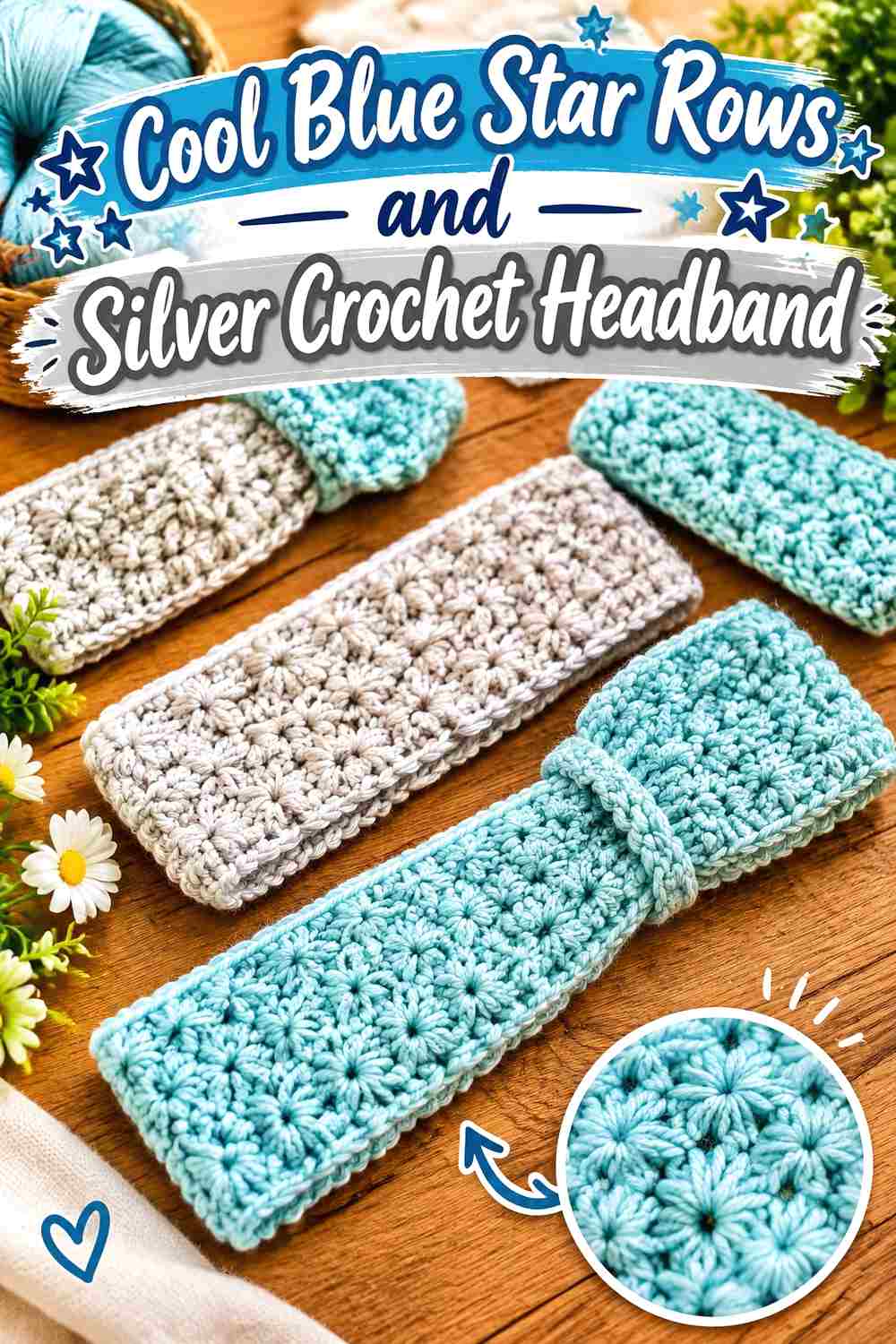 1. Cool Blue Star Rows And Silver Crochet Headband