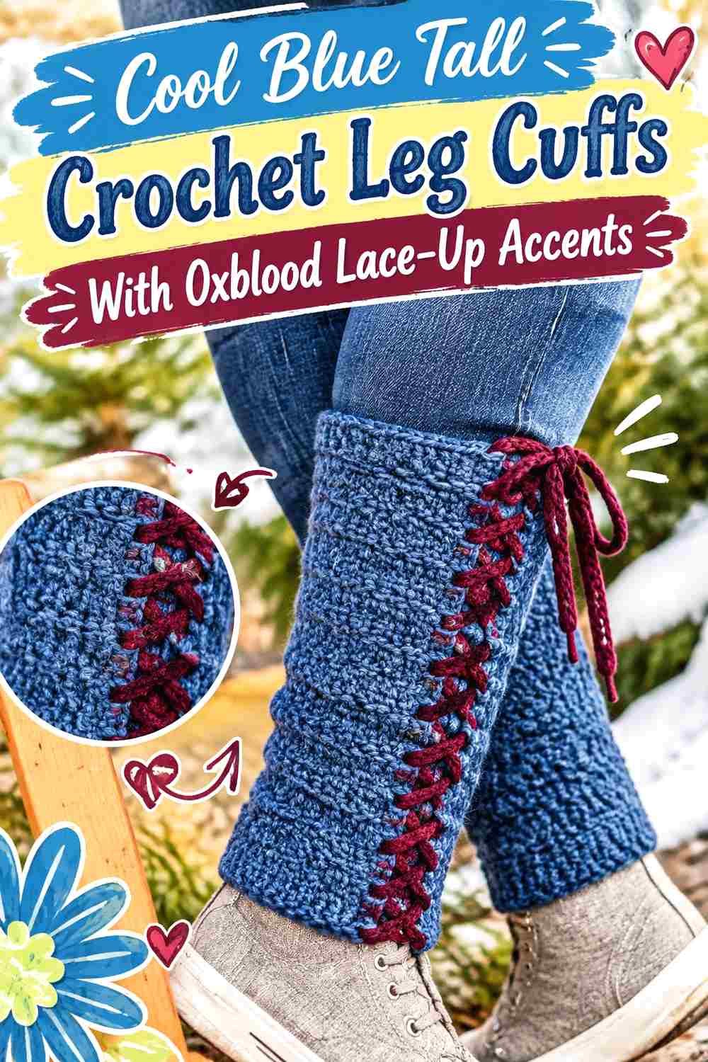 10. Cool Blue Tall Crochet Leg Cuffs With Oxblood Lace Up Accents