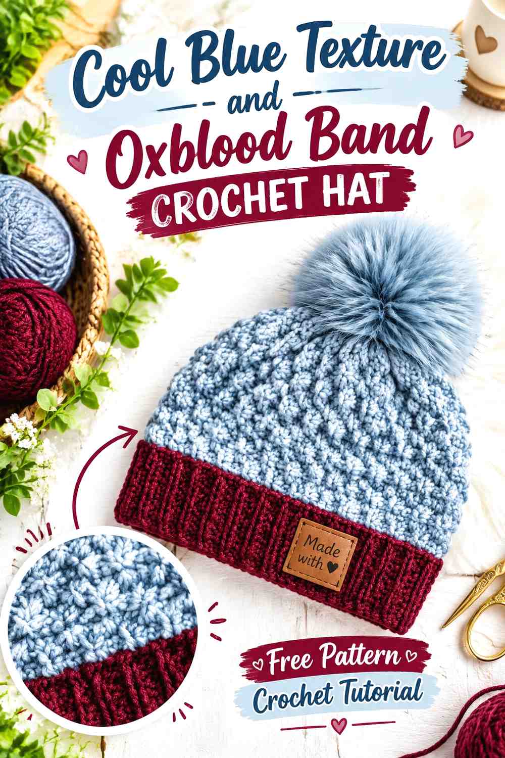 13. Cool Blue Texture And Oxblood Band Crochet Hat