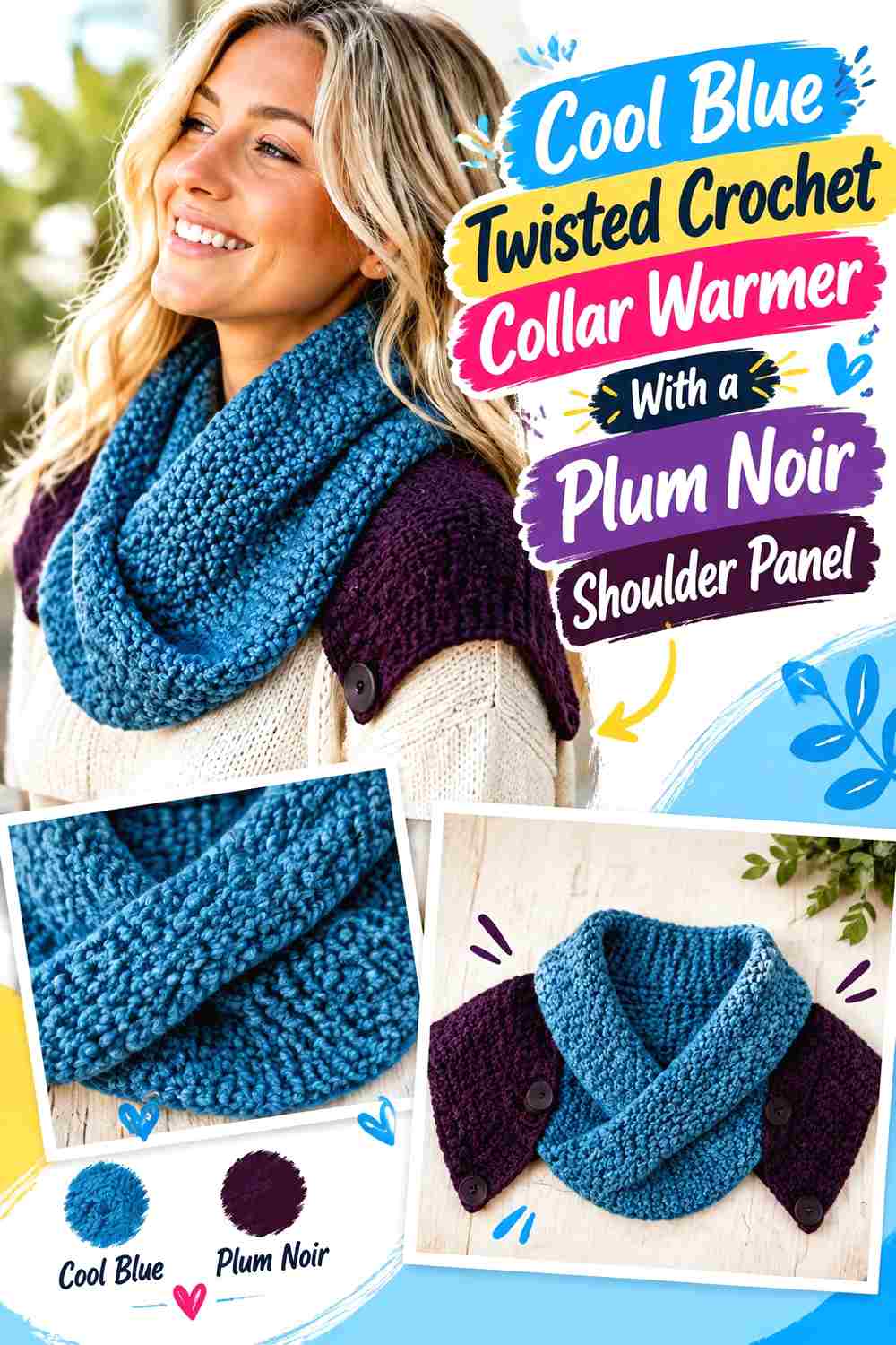 10. Cool Blue Twisted Crochet Collar Warmer With A Plum Noir Shoulder Panel