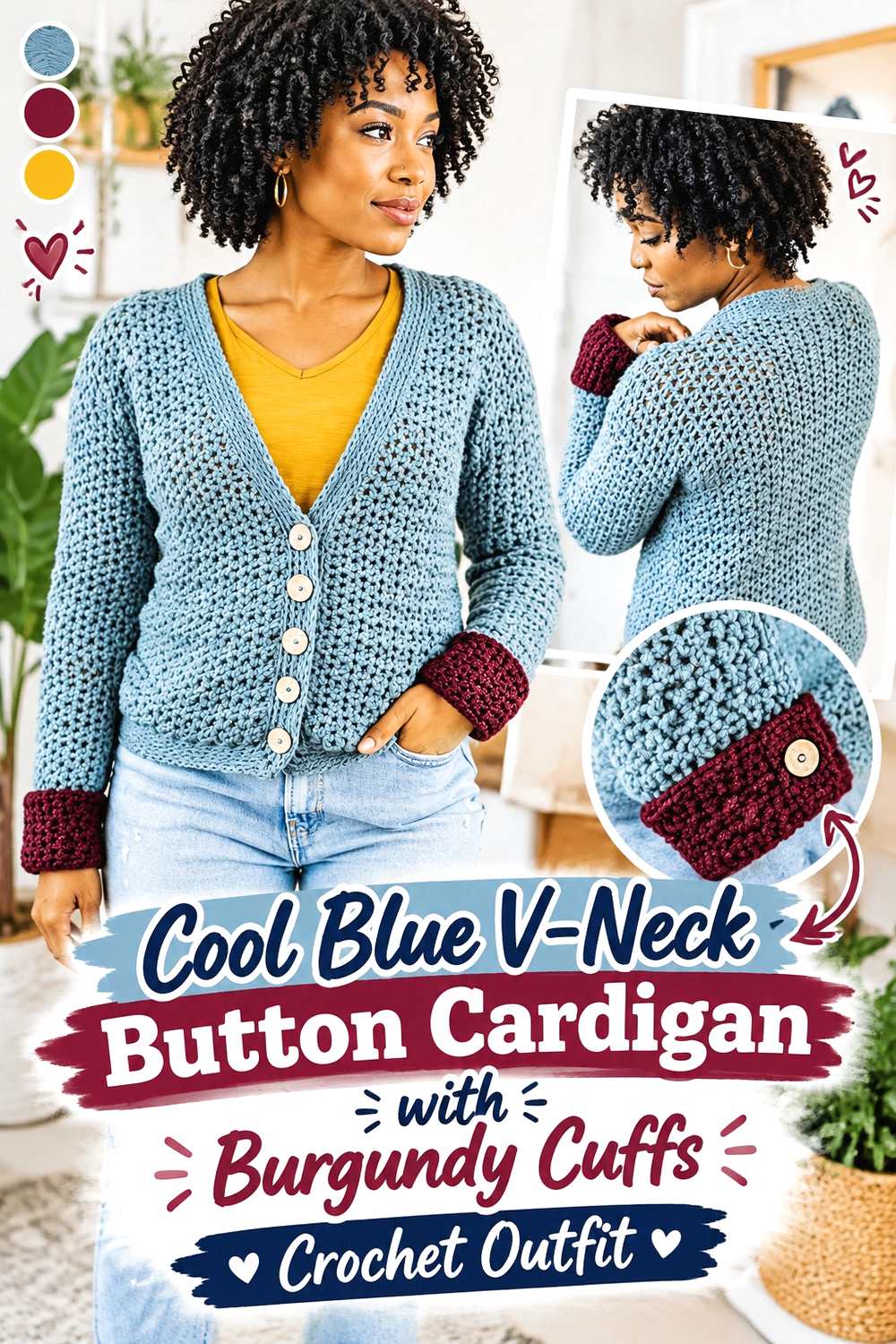 12. Cool Blue V Neck Button Cardigan With Burgundy Cuffs Crochet Outfit