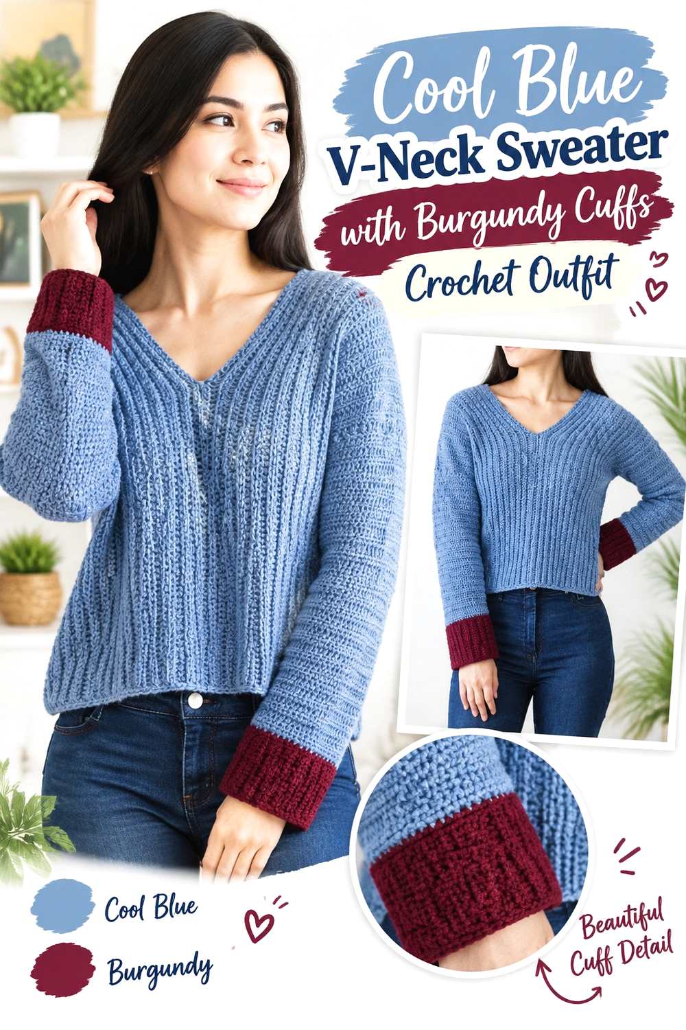 2. Cool Blue V Neck Sweater With Burgundy Cuffs Crochet Outfit