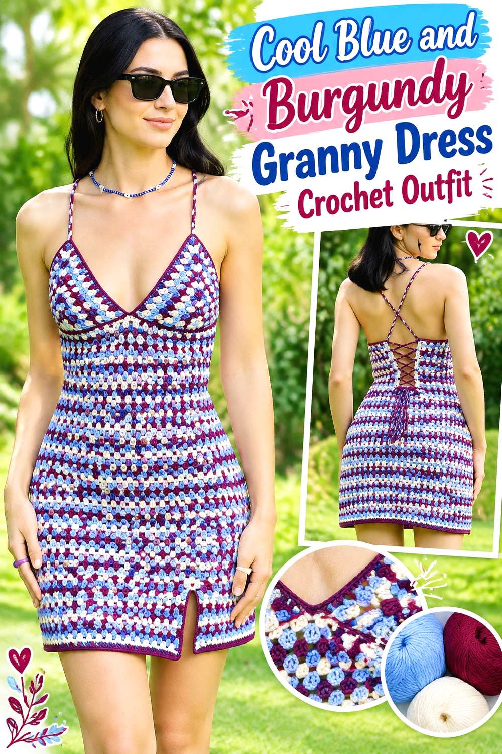 6. Cool Blue And Burgundy Granny Dress Crochet Outfit