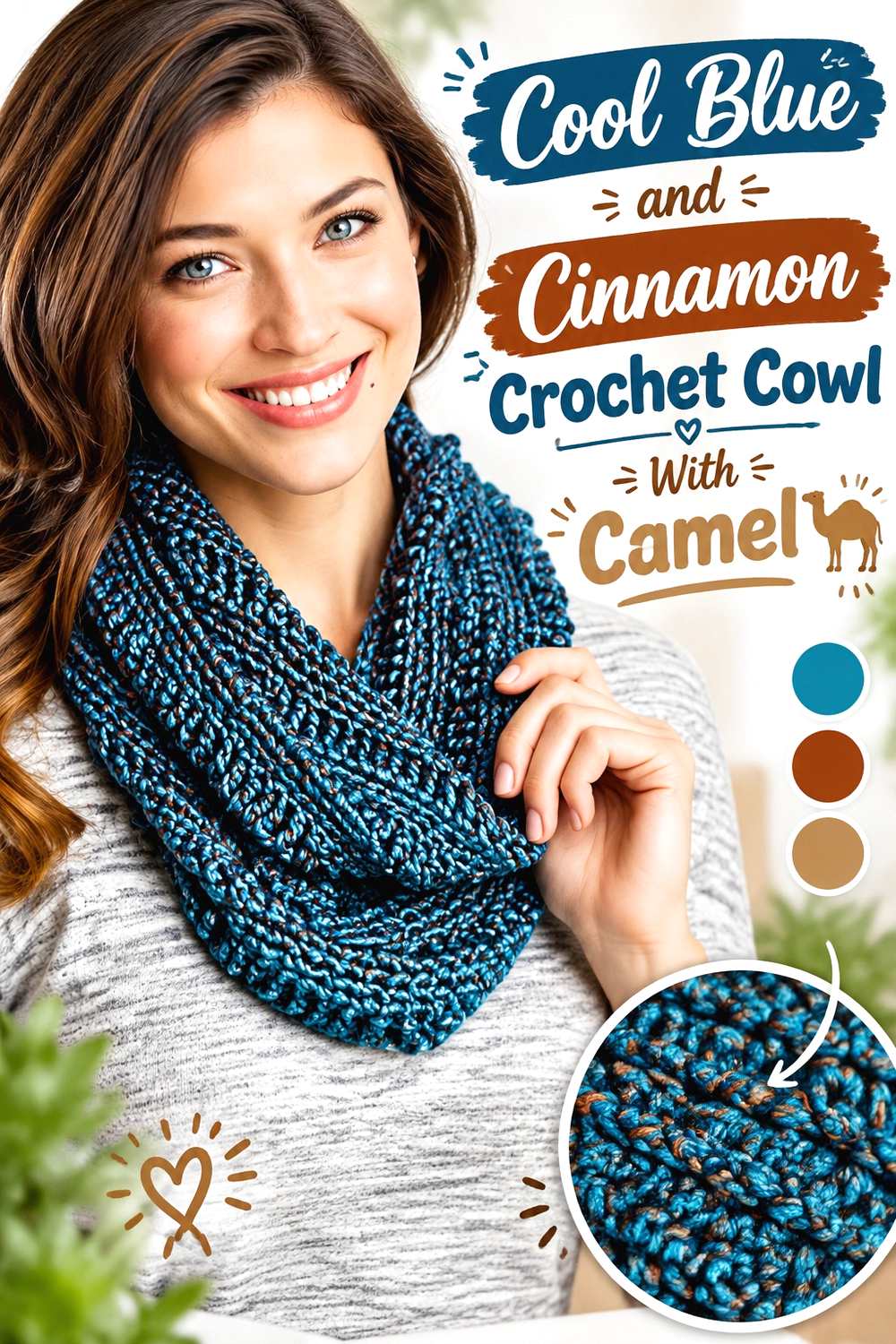 7. Cool Blue And Cinnamon Crochet Cowl With Camel