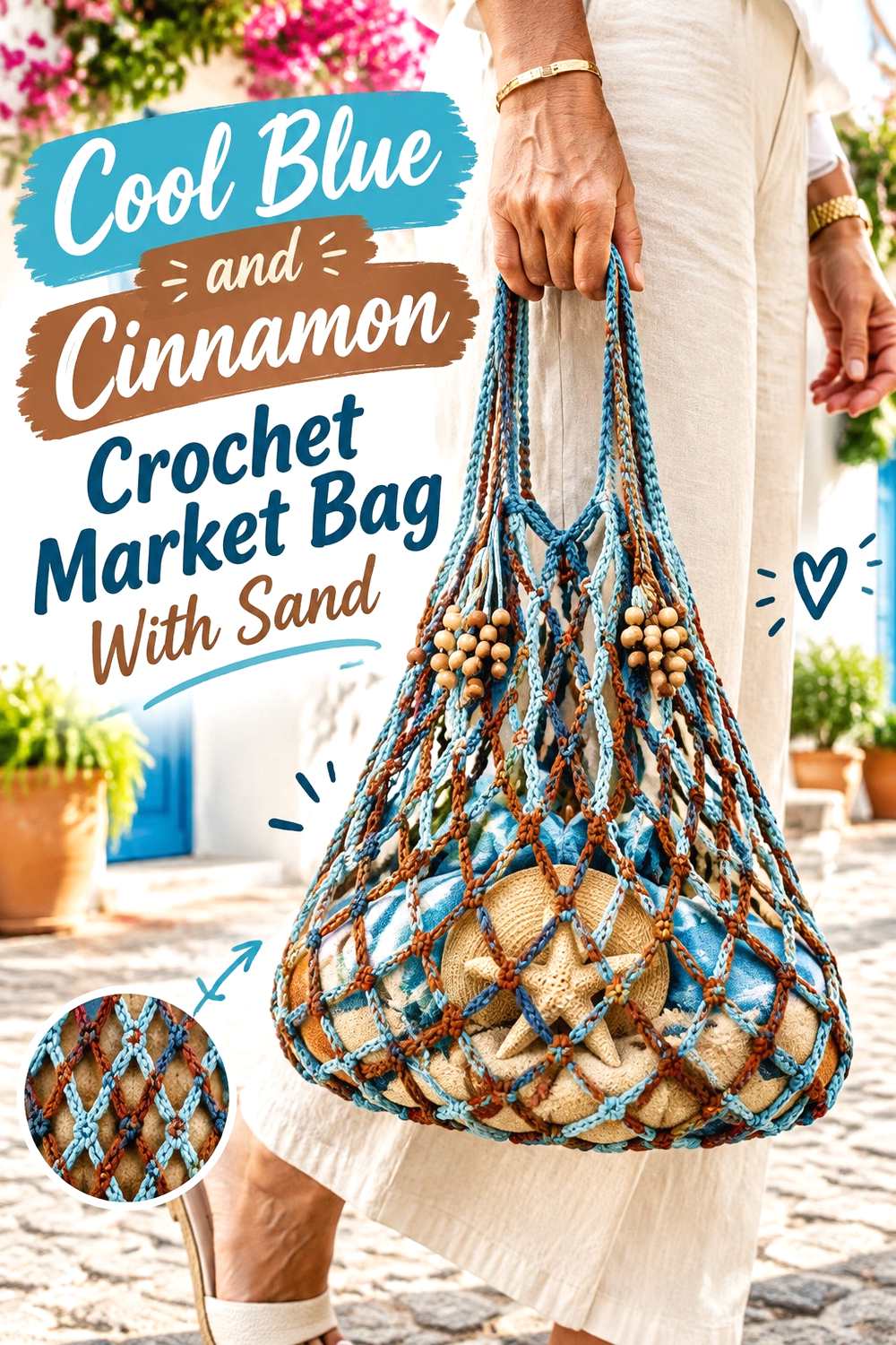 11. Cool Blue And Cinnamon Crochet Market Bag With Sand