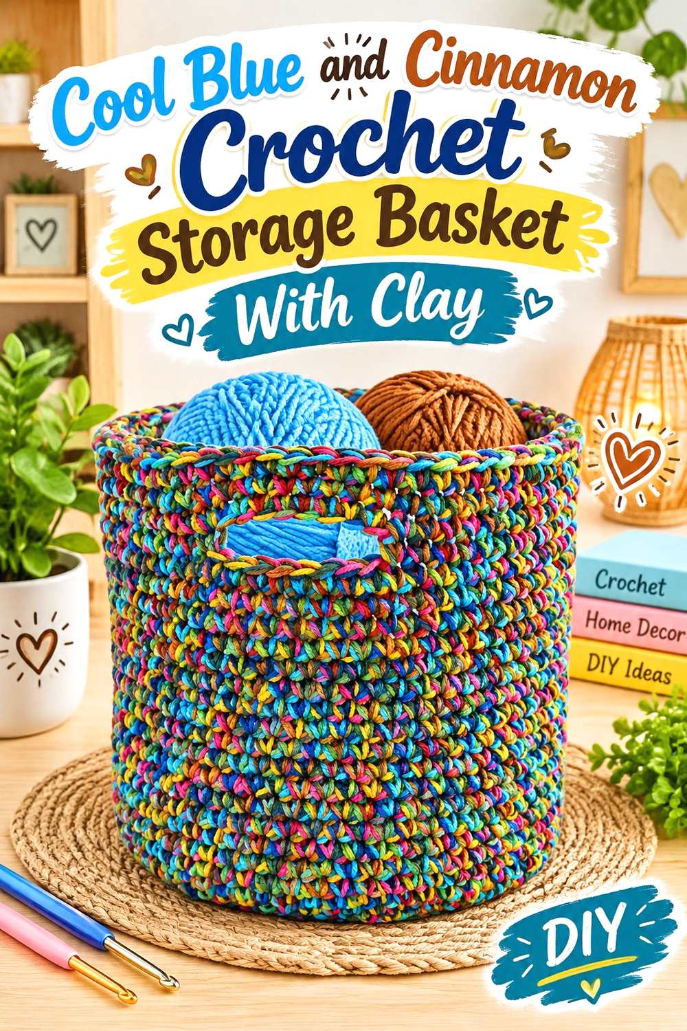 13. Cool Blue And Cinnamon Crochet Storage Basket With Clay
