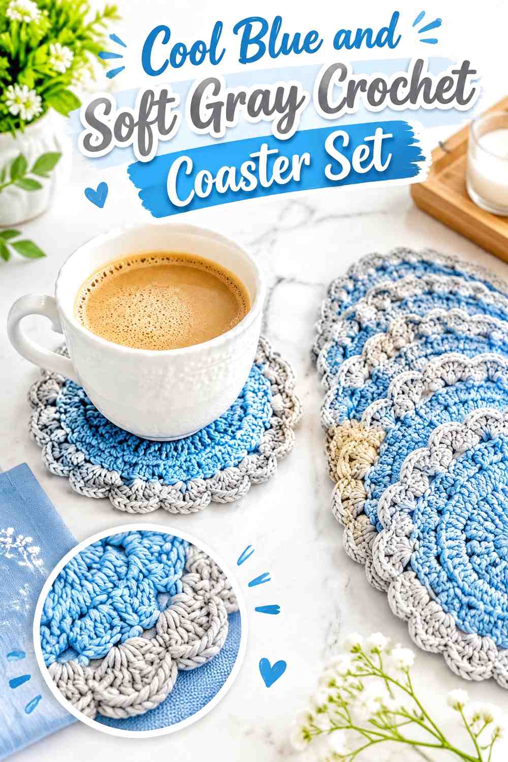 15. Cool Blue And Soft Gray Crochet Coaster Set