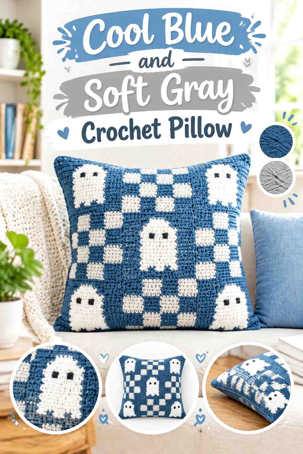 8. Cool Blue And Soft Gray Crochet Pillow