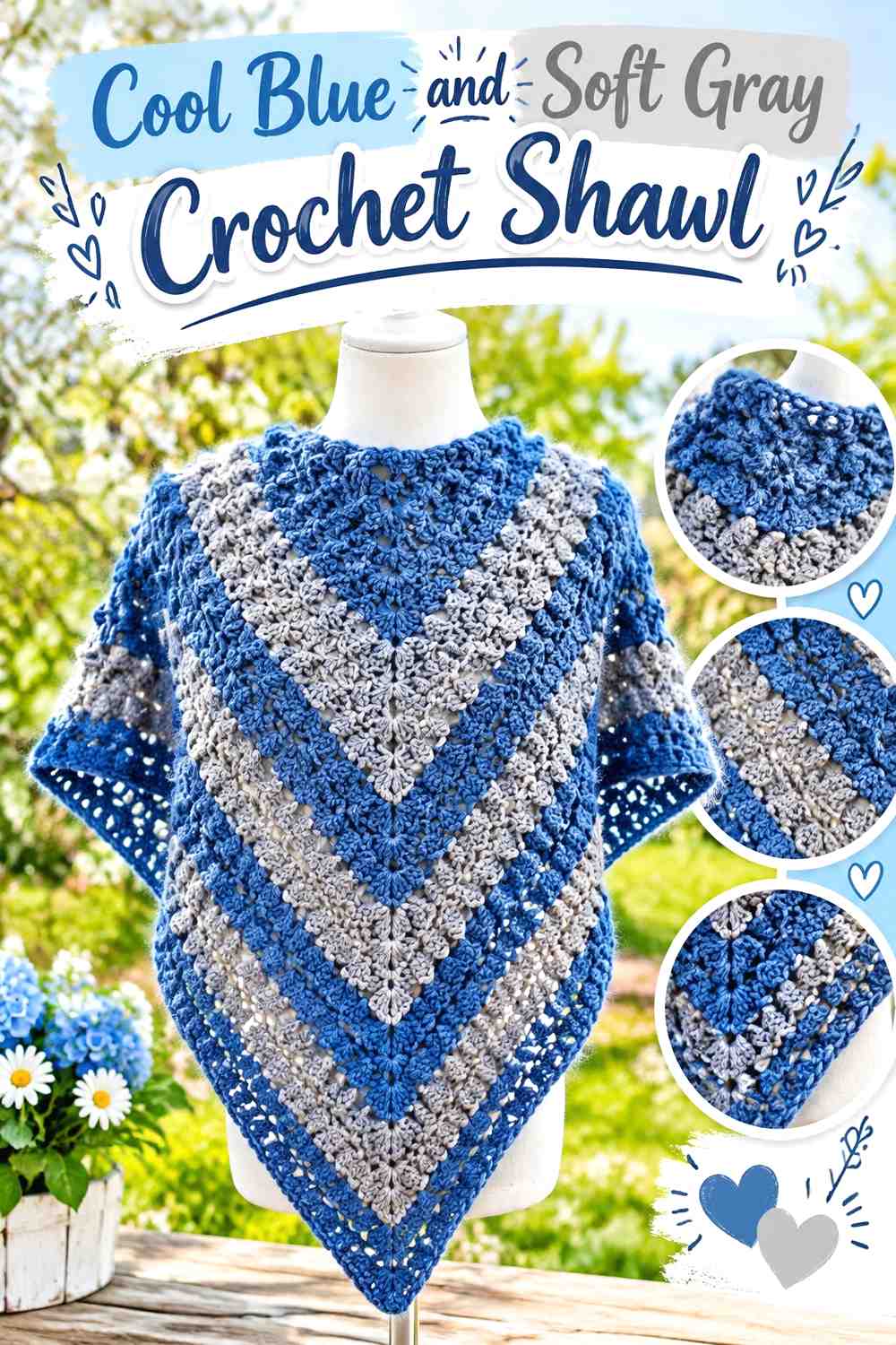 7. Cool Blue And Soft Gray Crochet Shawl