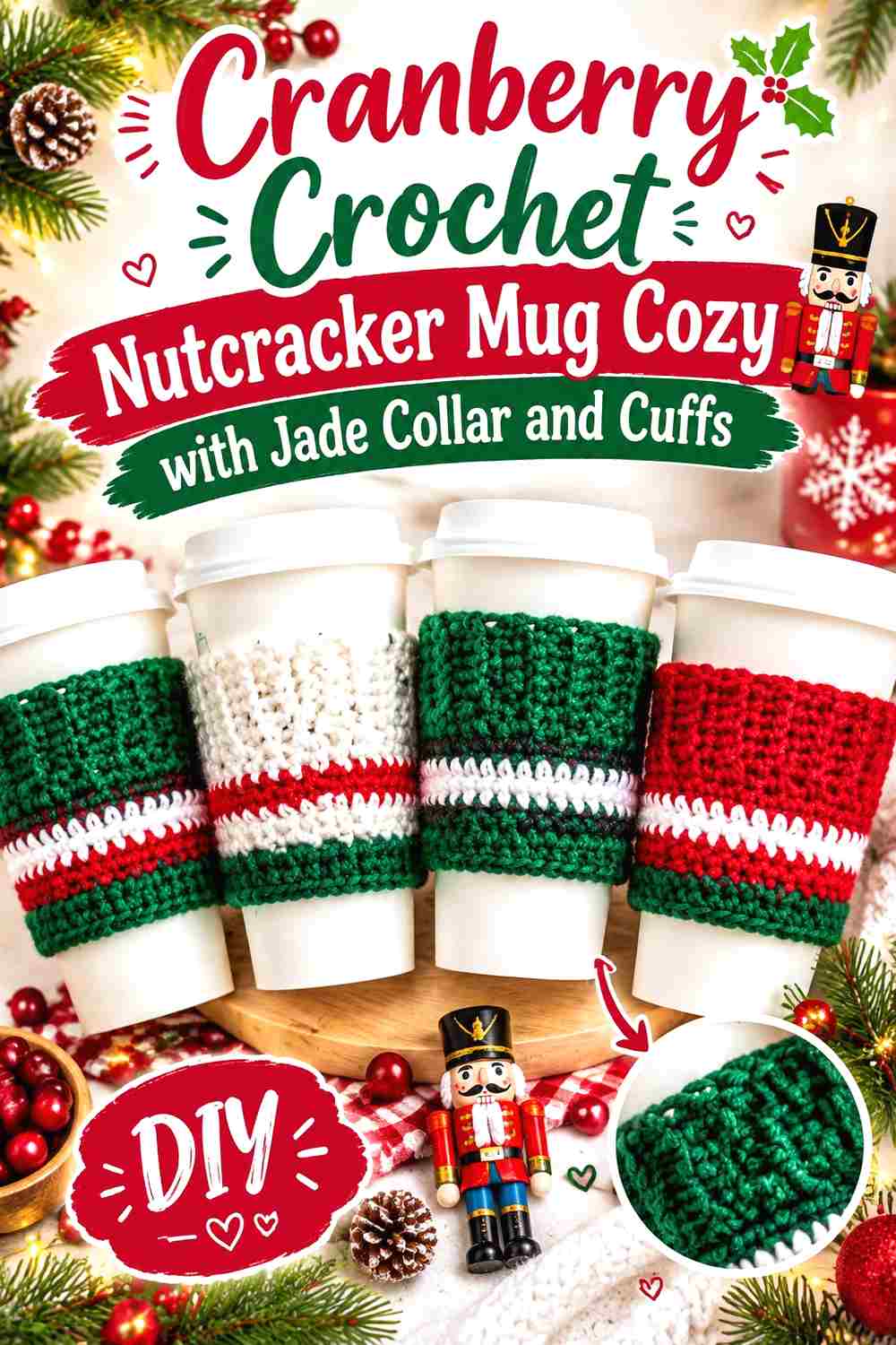 5. Cranberry Crochet Nutcracker Mug Cozy With Jade Collar And Cuffs